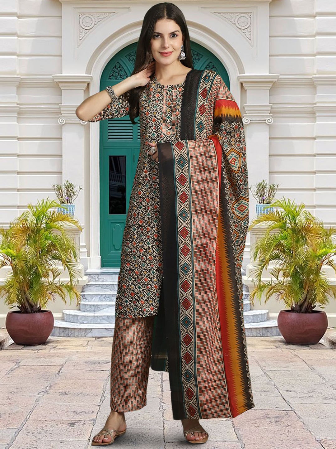 

Moda Rapido Ethnic Motifs Printed Round Neck Straight Kurta With Trouser And Dupatta, Green