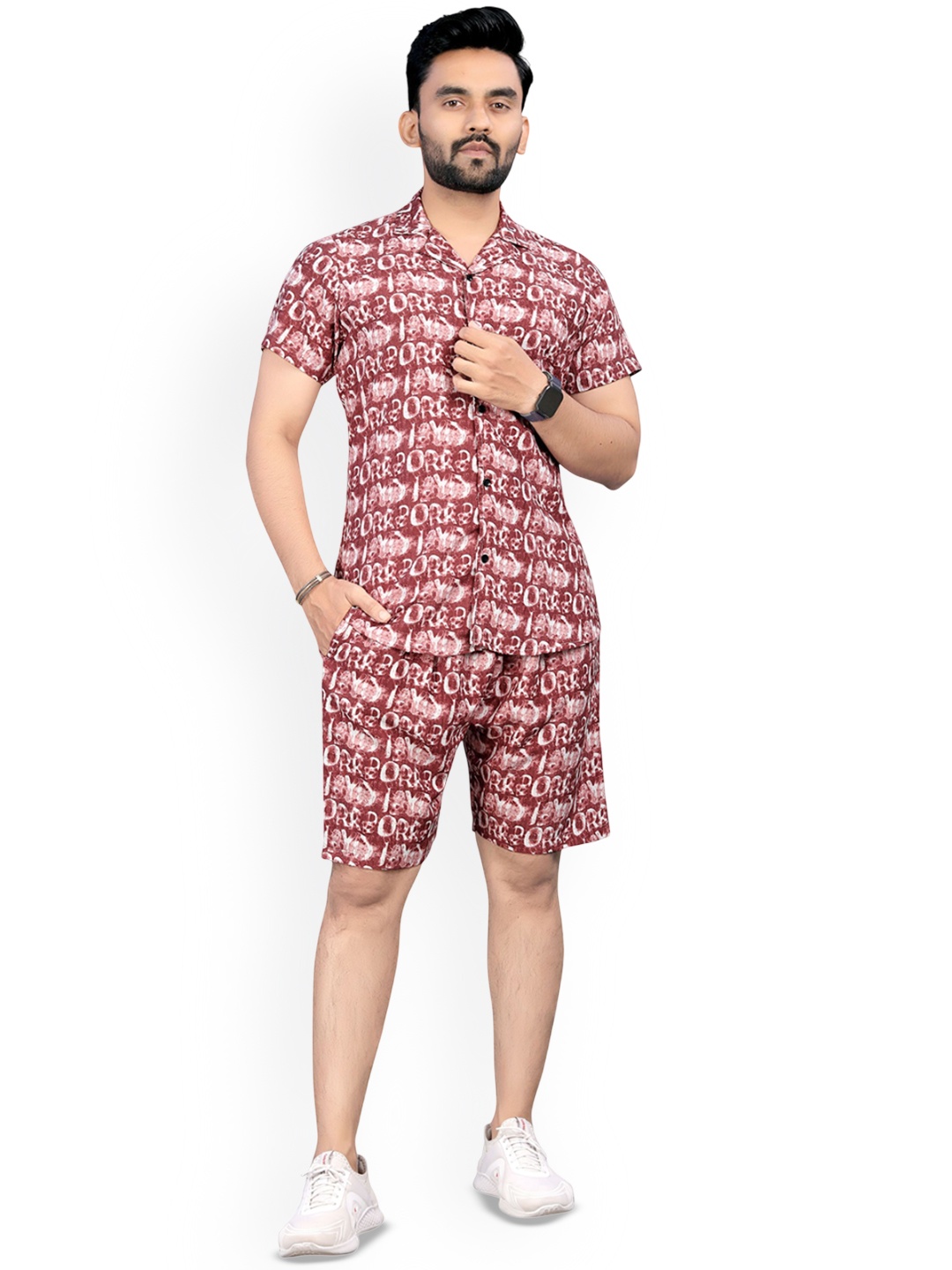 

VIMALNATH SYNTHETICS Abstract Printed Cotton Blend Shirt With Shorts, Maroon