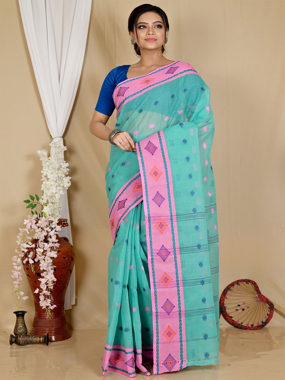 

PuJoy Pure Cotton Taant Saree, Green