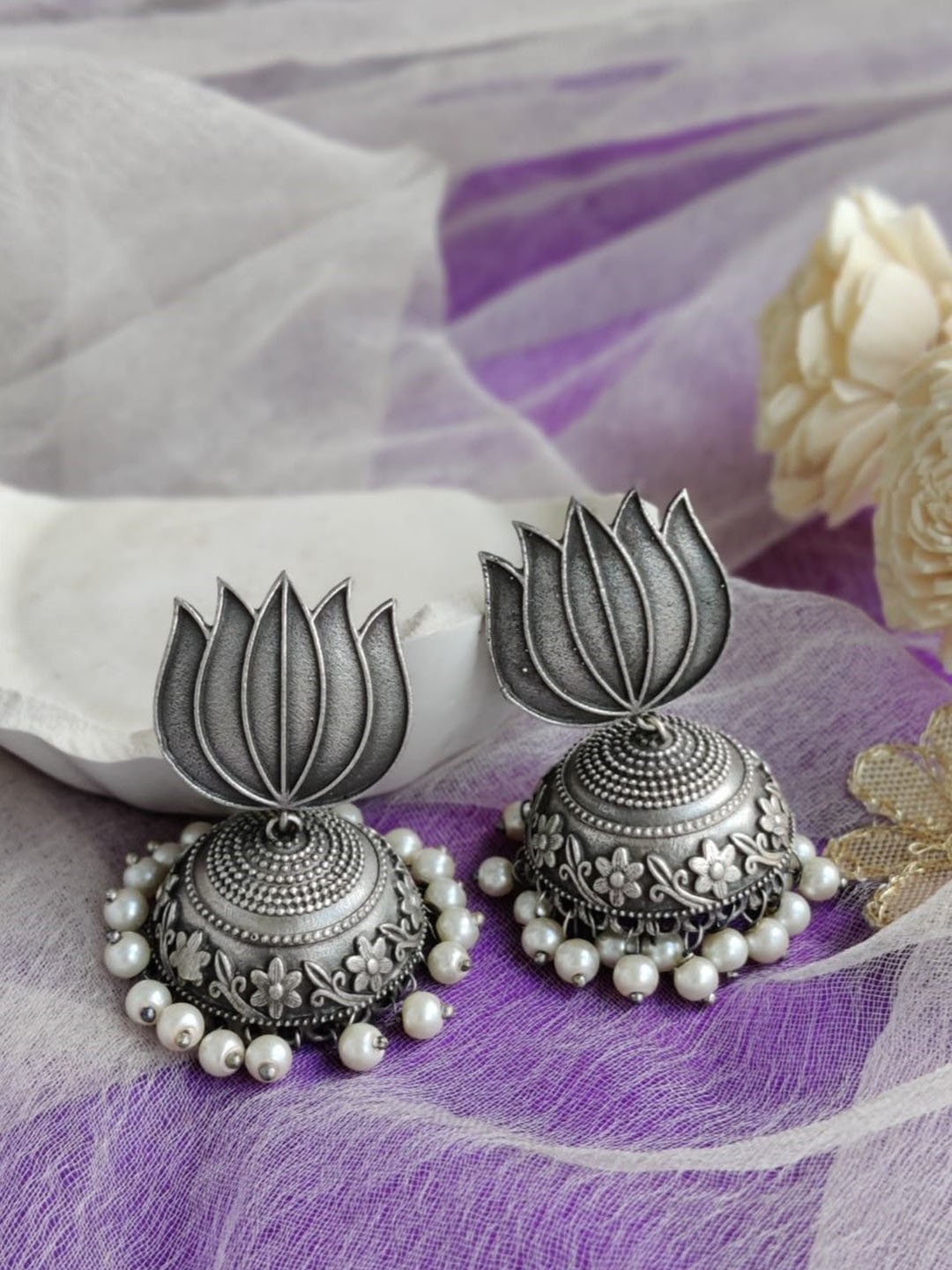 

Janpath Online Oxidised Artificial pearls beaded Dome Shaped Jhumkas, Silver