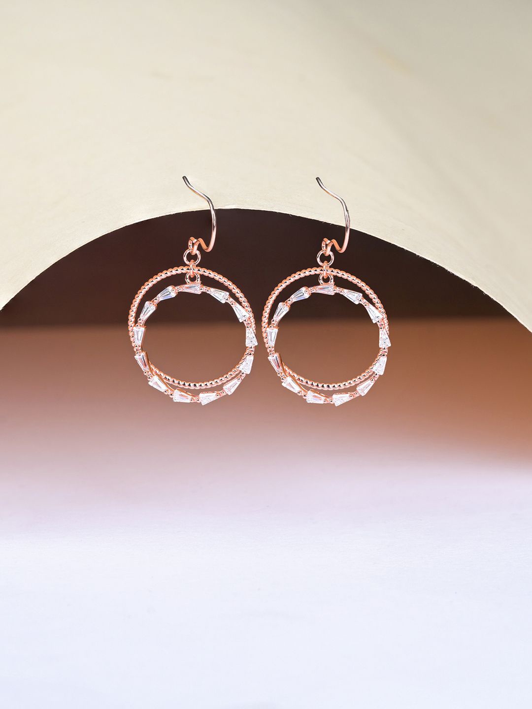 

TOUCH925 Silver Rose Gold-Plated CZ Studded Layered Crystal Beaded Circular Drop Earrings