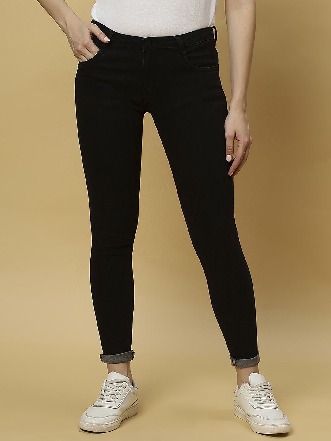 

Rea-Lize Women Skinny Fit Low-Rise Stretchable Jeans, Black