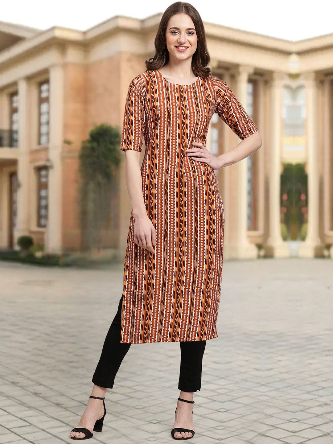 

7Threads Ethnic Motifs Printed Round Neck Straight Kurta, Brown