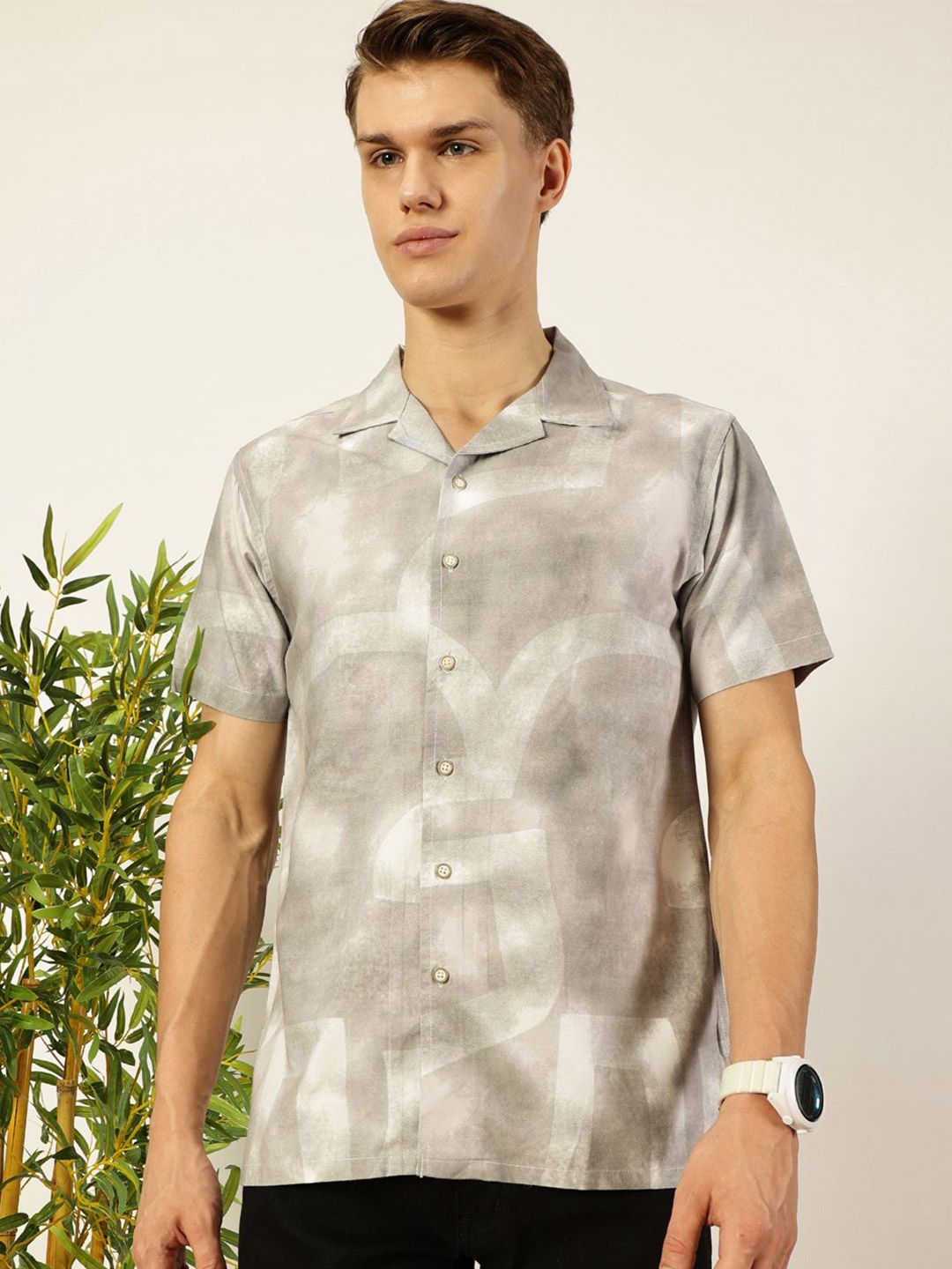 

Mast & Harbour Men Cuban Collar Abstract Printed Cotton Casual Shirt, Grey