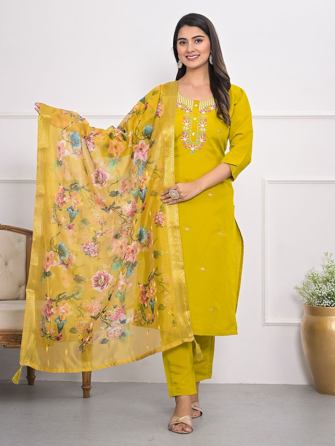 

Meena Bazaar Floral Embroidered Straight Kurta With Trouser And Dupatta, Mustard