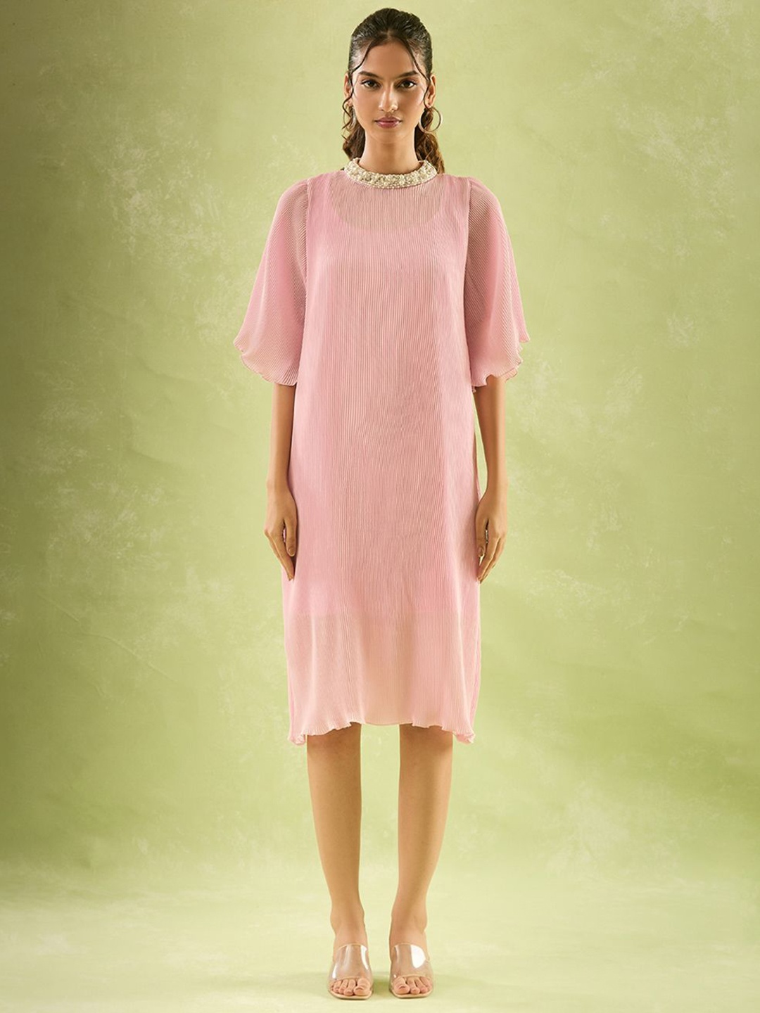 

Samyukta Singhania Women Embellished A-Line Flared Sleeves Dress With Inner, Peach