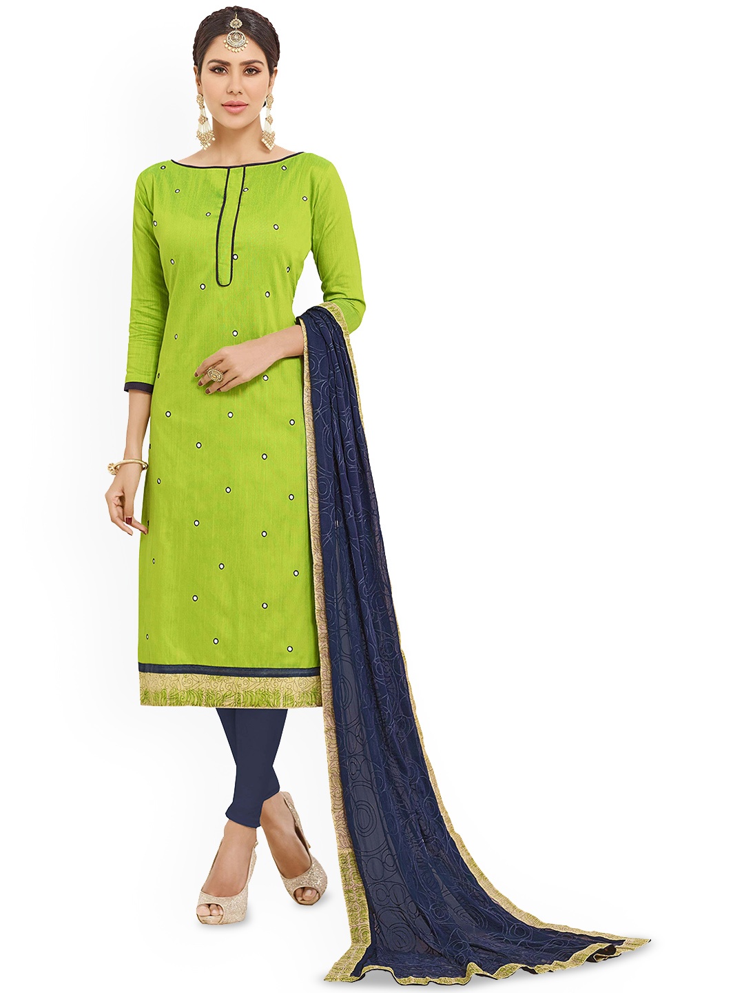 

HERE&NOW Geometric Embroidered Mirror Work Unstitched Dress Material, Green
