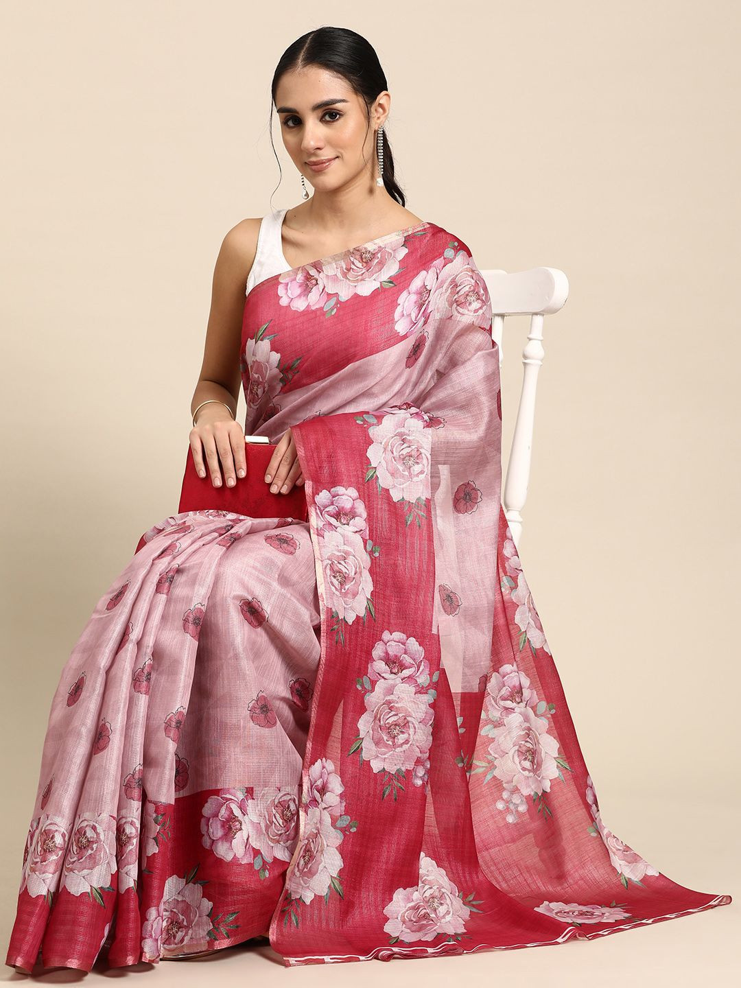 

DIVASTRI Cotton Tissue Silk Floral Digital Print Saree, Pink