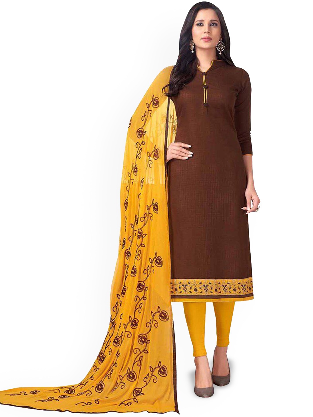 

HERE&NOW Floral Embroidered Embellished Cotton Unstitched Dress Material, Brown