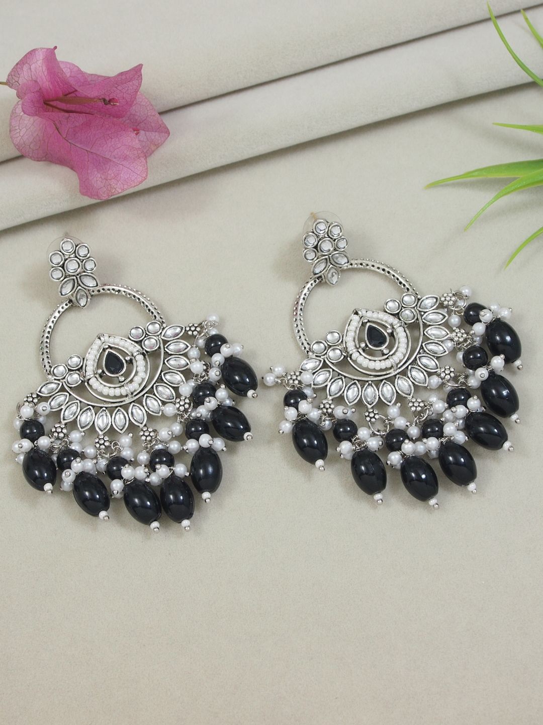 

I Jewels Contemporary Chandbalis Earrings, Black