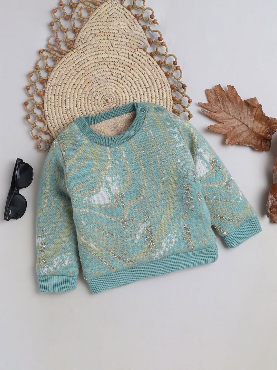 

Yellow Apple Girls Self Design Woollen Pullover, Sea green