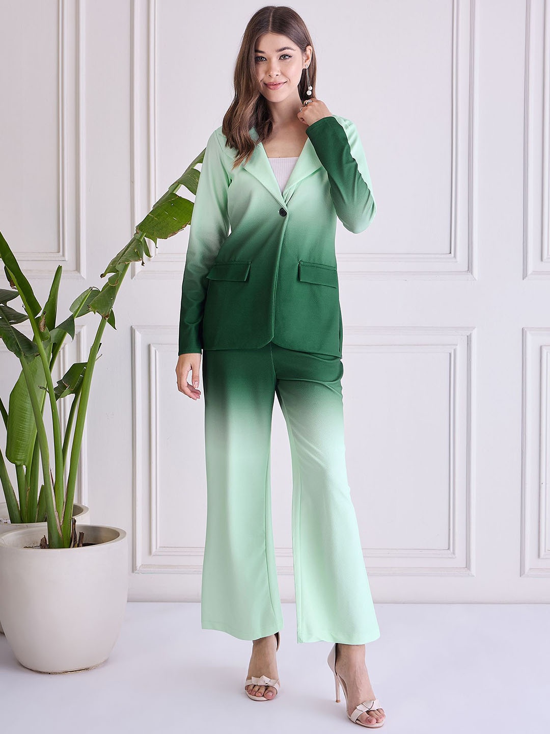 

SZN Ombre Notched Lapel Collar Single-Breasted Regular Fit Blazer And Trousers, Green