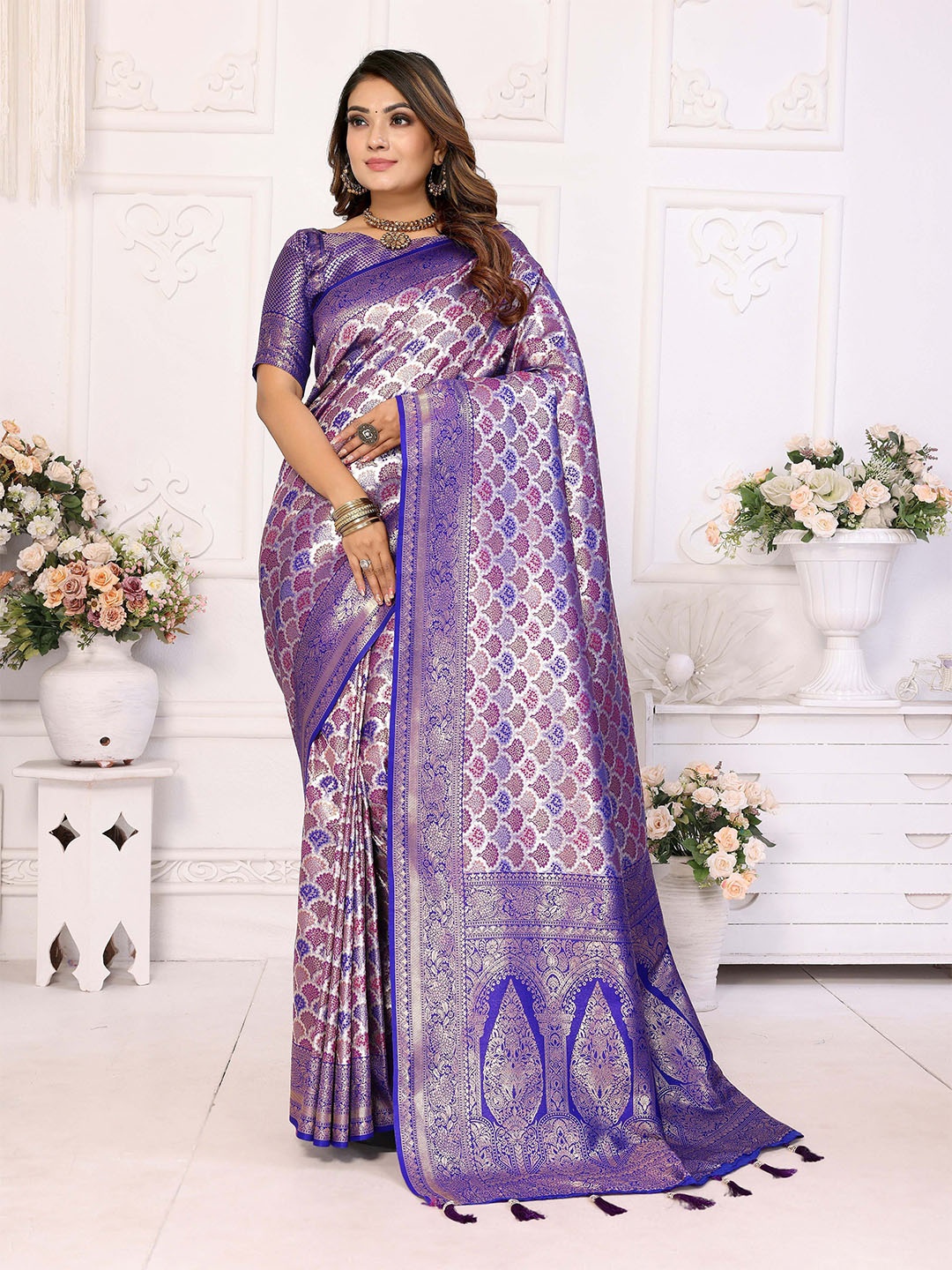 

Vintro Woven Design Zari Pure Silk Banarasi Saree, Blue