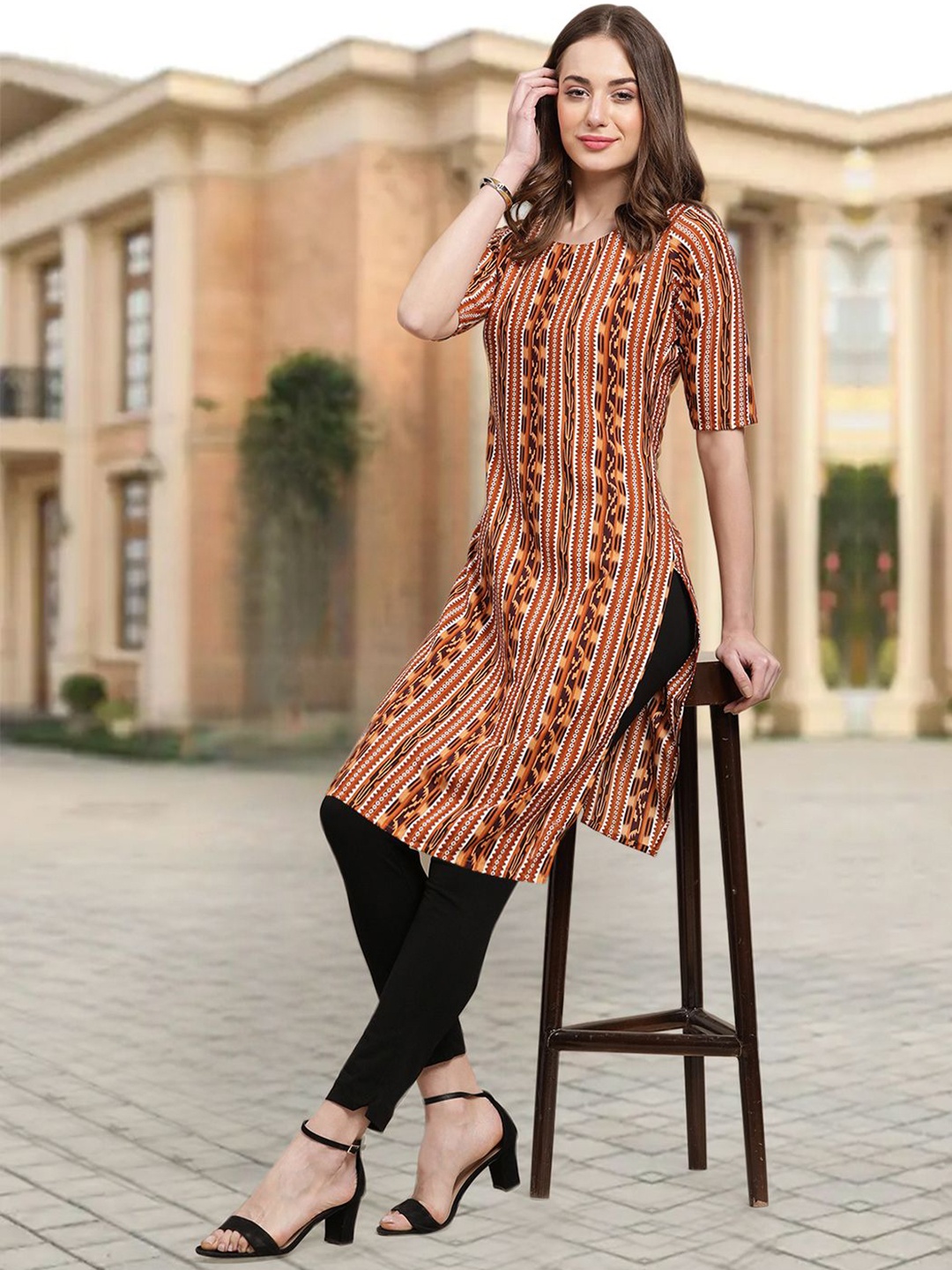 

7Threads Ethnic Motifs Printed Round Neck Straight Kurta, Brown