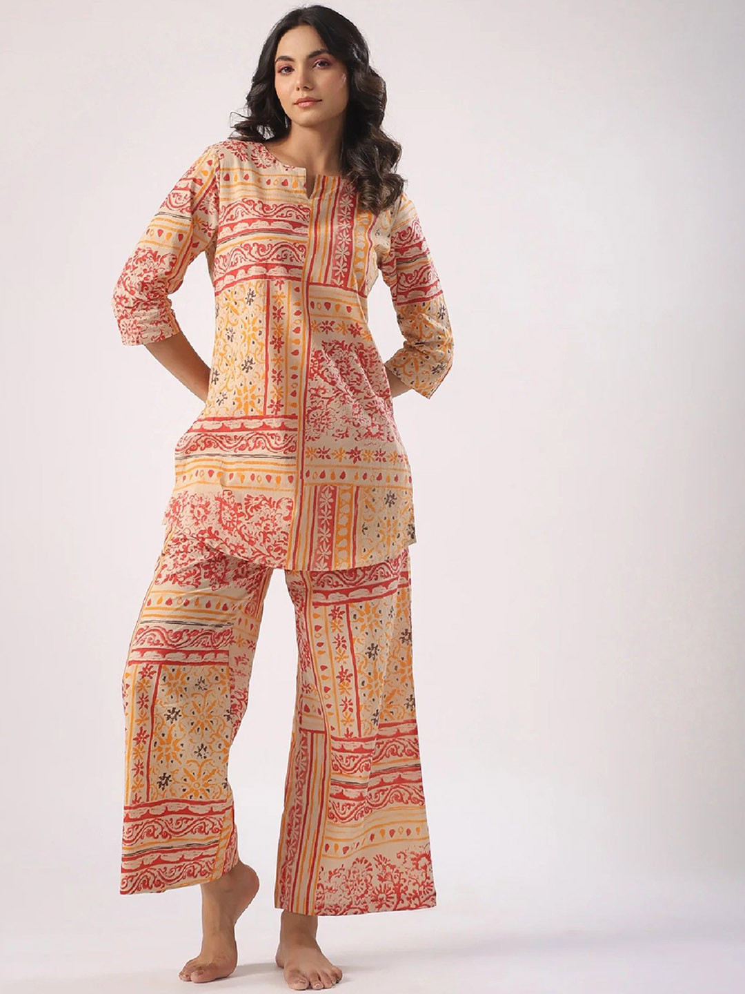 

Acriine Ethnic Motifs Printed Notch Neck Pure Cotton Tunic With Palazzo, Orange