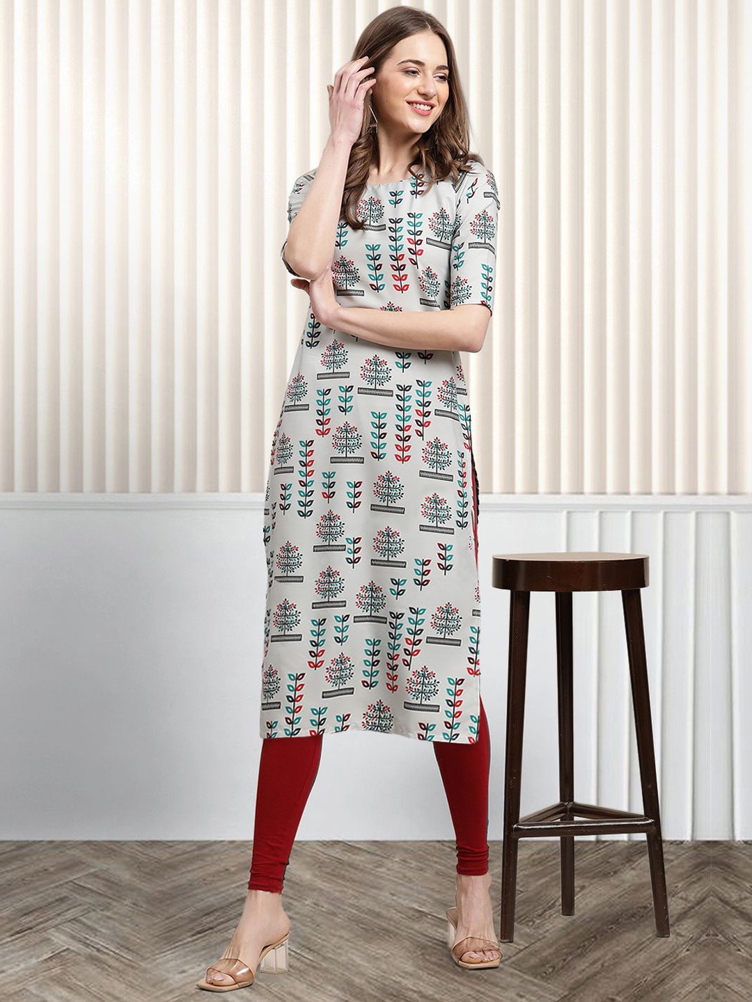 

Moda Rapido Floral Printed Round Neck Straight Kurta, Grey