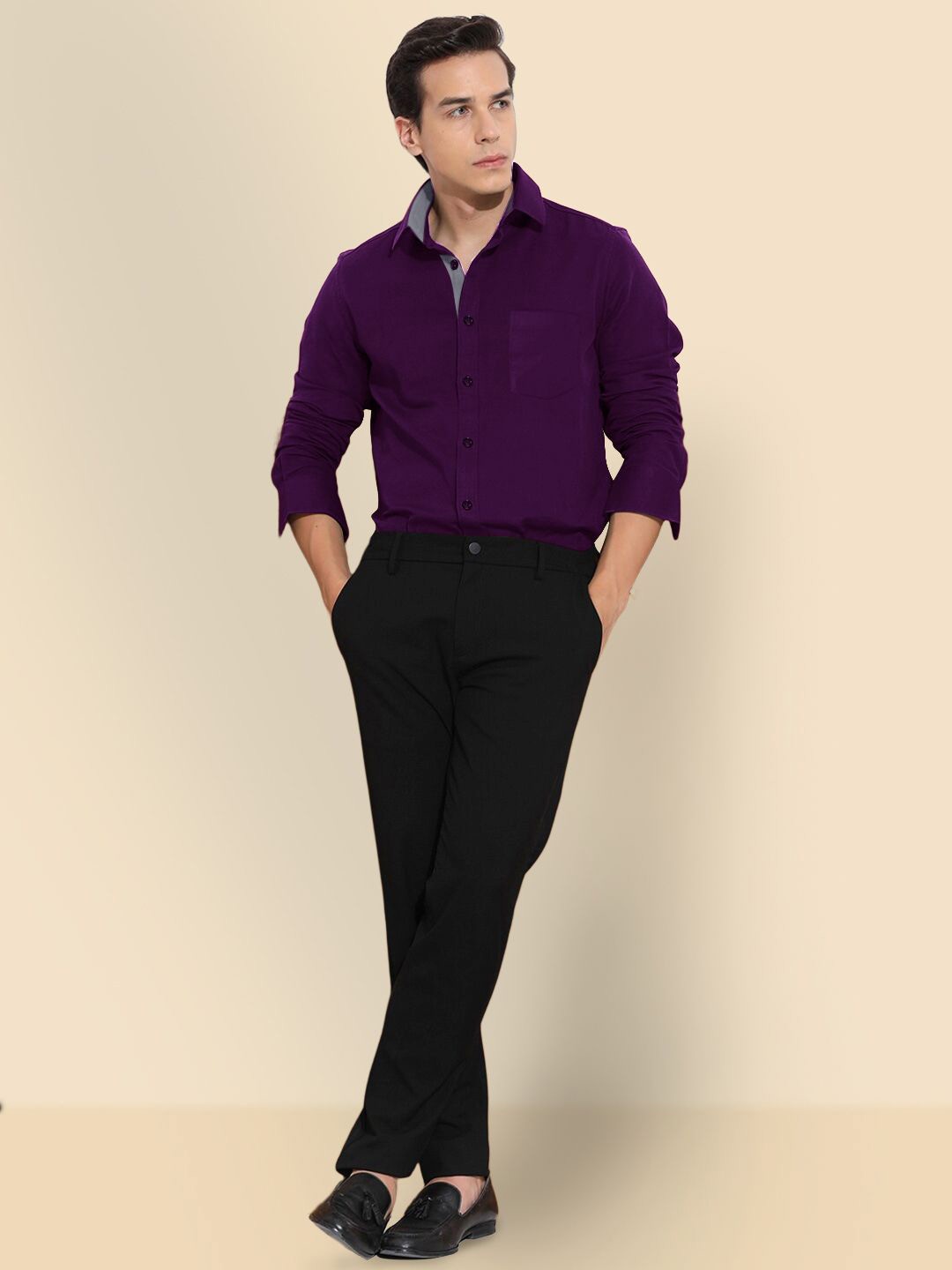 

SZN Men Standard Fit Spread Collar Solid Cotton Formal Shirt, Purple