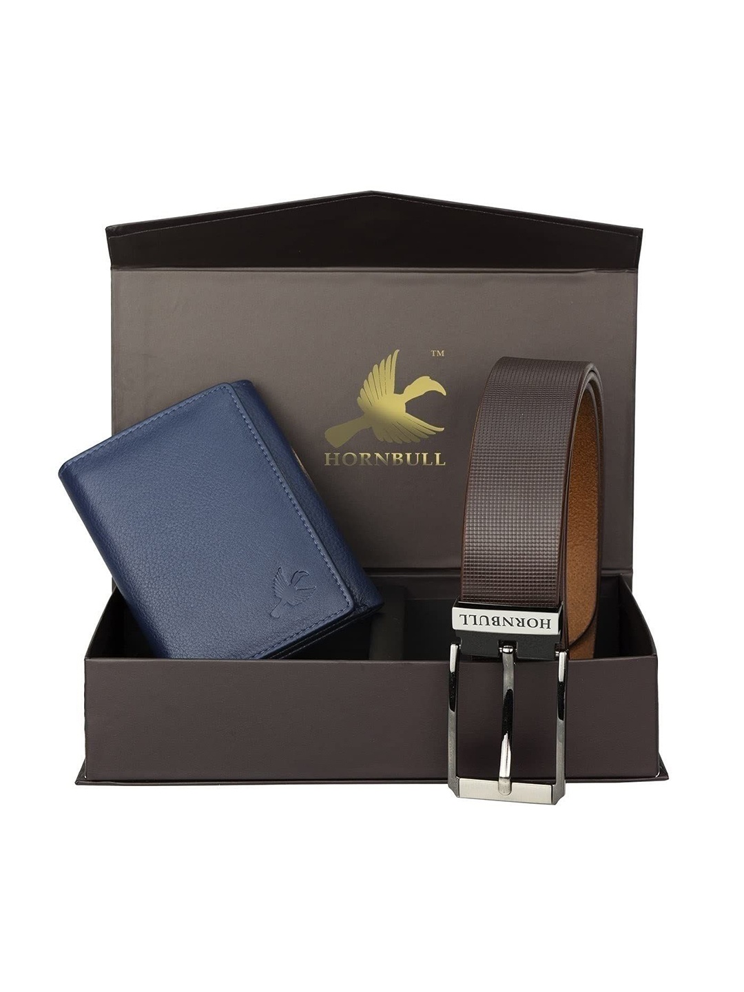 

Hornbull Men Three Fold Leather RFID Protected Brown Wallet & Belt Accessory Gift Set, Navy blue