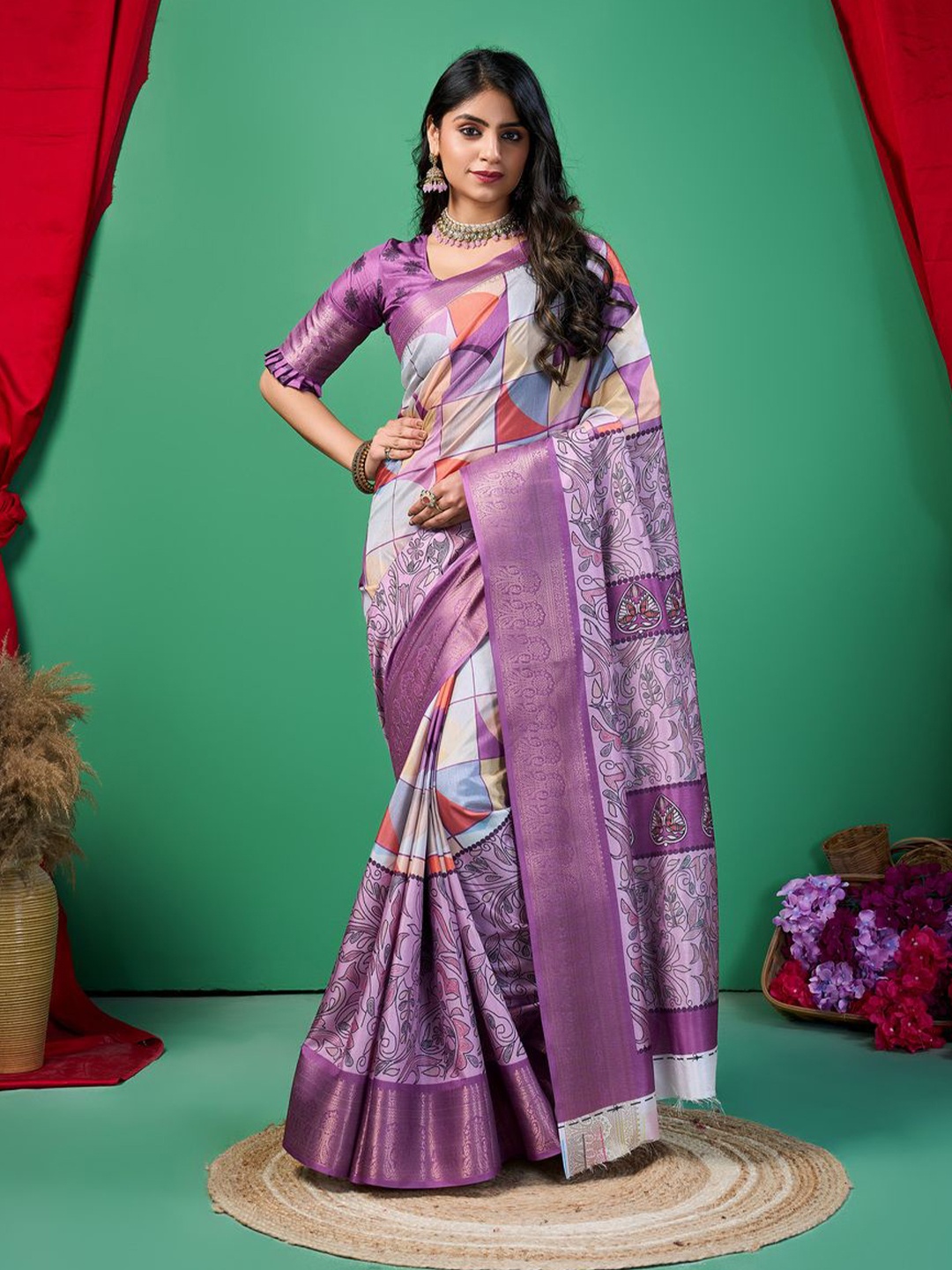 

Fashion FRICKS Woven Design Zari Printed Saree, Purple