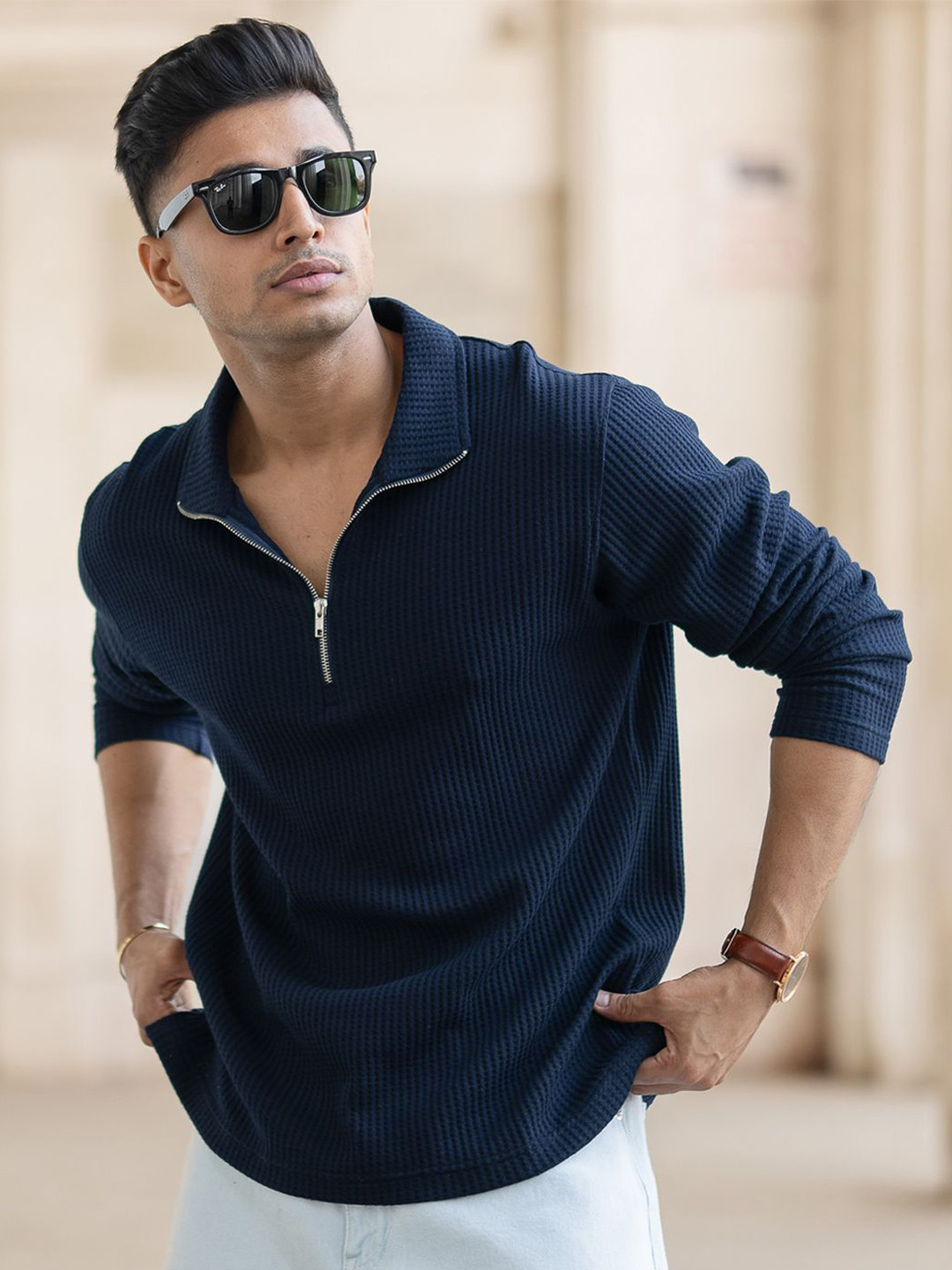 

Powerlook Men Self Design Polo Collar Cotton T-shirt, Navy blue