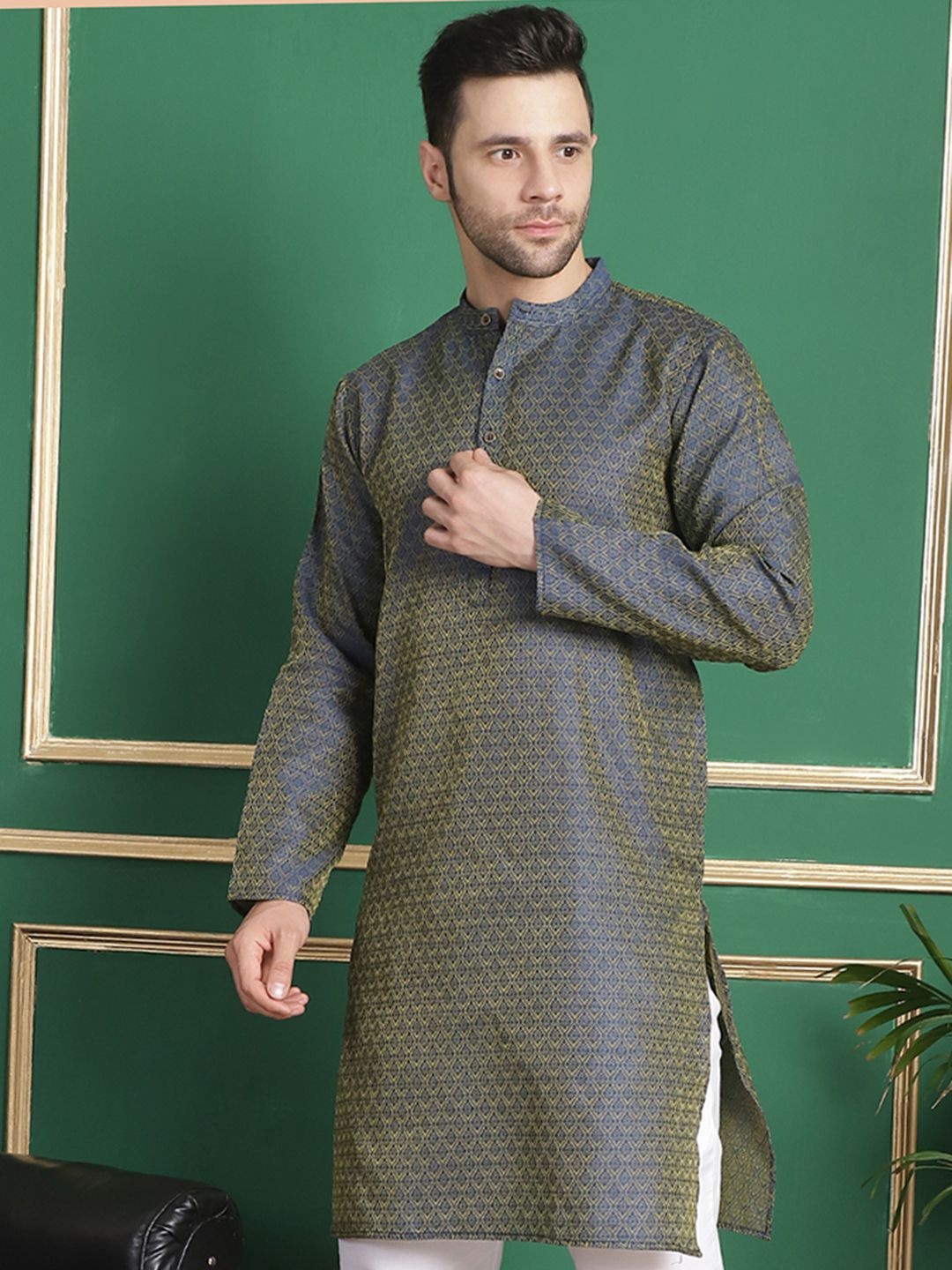 

Anouk Navy Blue Ethnic Motifs Woven Design Band Collar Jacquard Straight Kurta