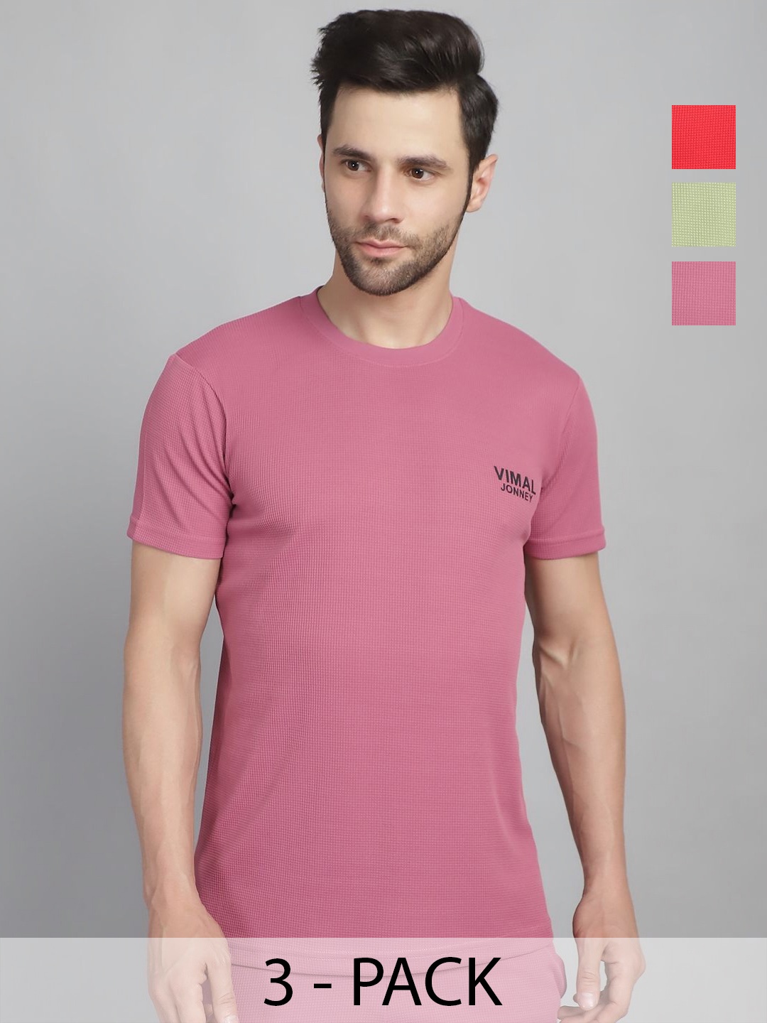 

VIMAL JONNEY Men Pack Of 3 Solid Round Neck T-shirts, Pink