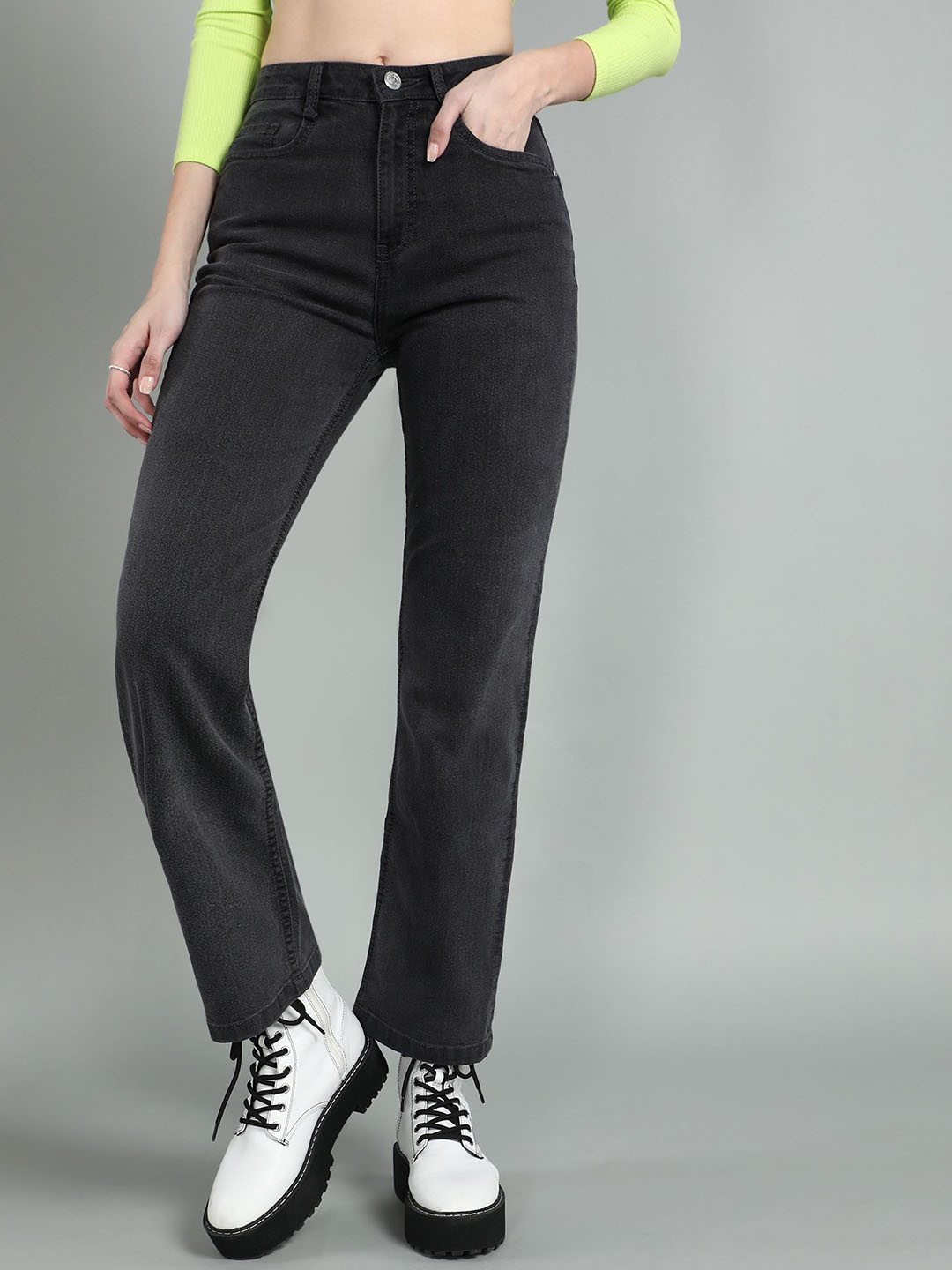 

Mast & Harbour Women Straight Fit High-Rise Stretchable Jeans, Black