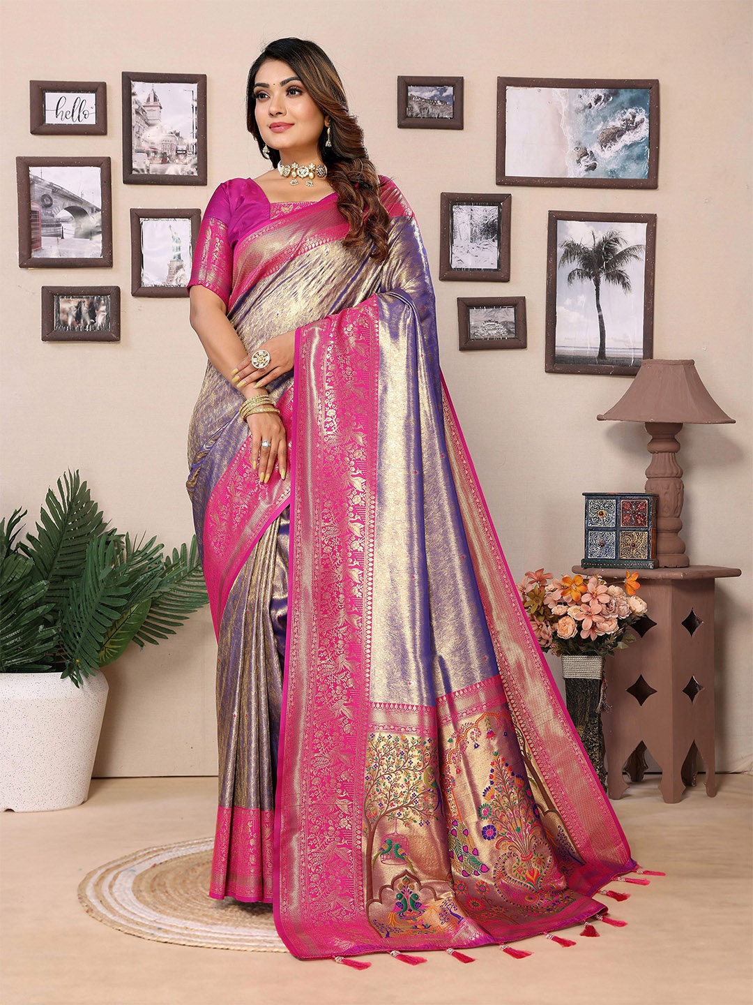 

Vintro Woven Design Zari Tissue Paithani Saree, Magenta