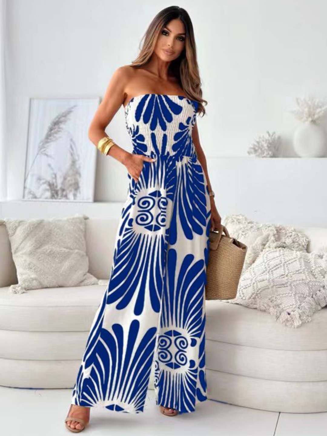 

StyleCast x Revolte Strapless Printed Basic Jumpsuit, Blue