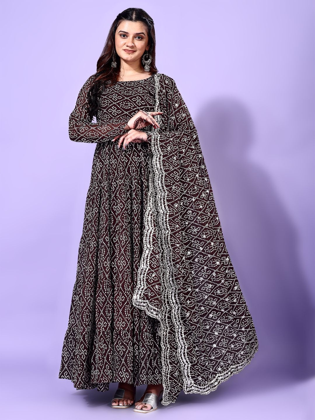 

KALINI Bandhani Printed Round Neck Tiered Anarkali Kurta with Pyjamas & Dupatta, Burgundy