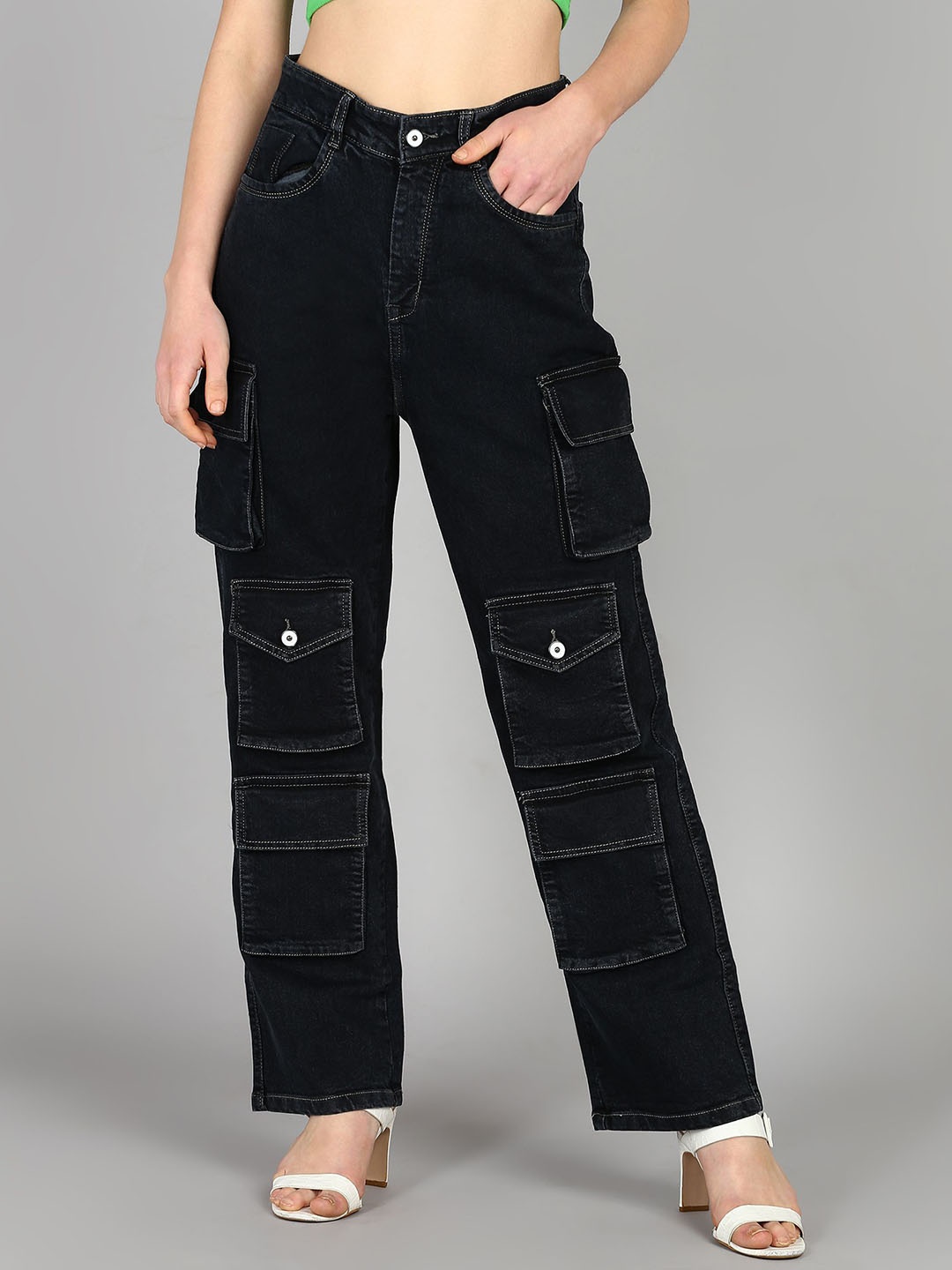 

DressBerry Women Comfort Wide Leg High-Rise Stretchable Cargo Jeans, Black