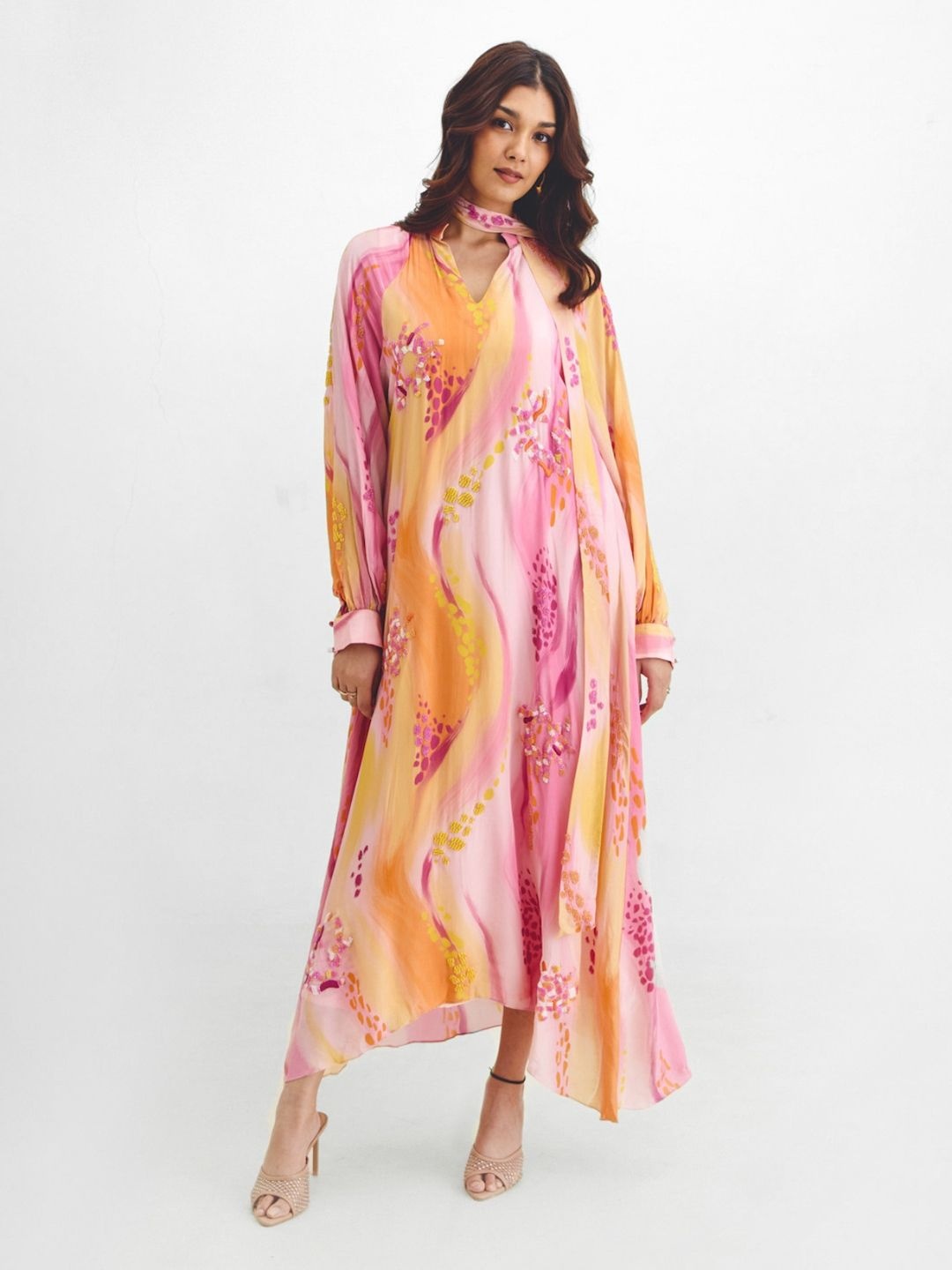 

Prose Stories Print Puff Sleeve Crepe Kaftan Midi Dress, Pink