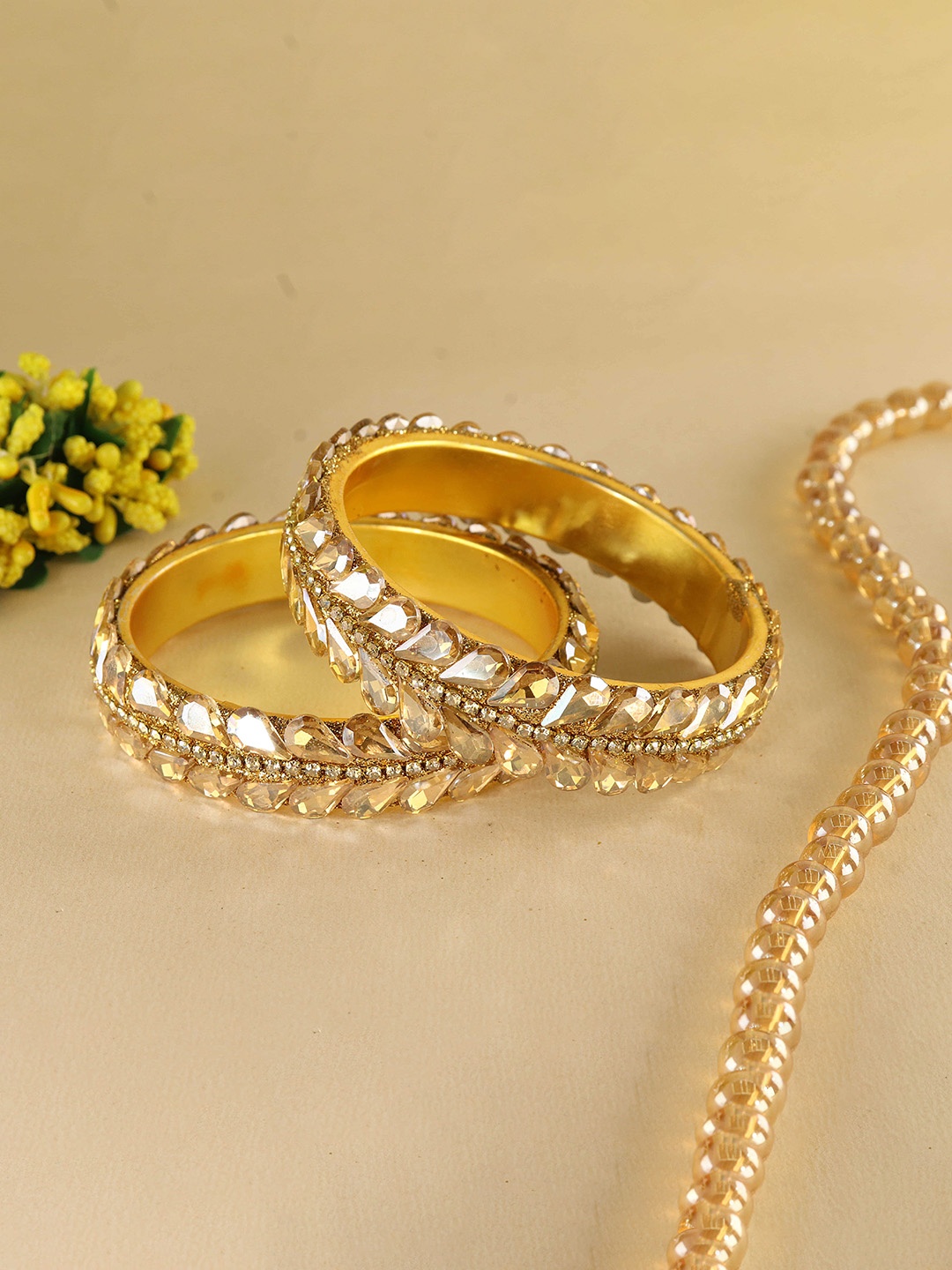 

LAVAZZA Pack of 2 Brass Metal with Zircon Diamonds & Kundan Studded Bangles, Gold