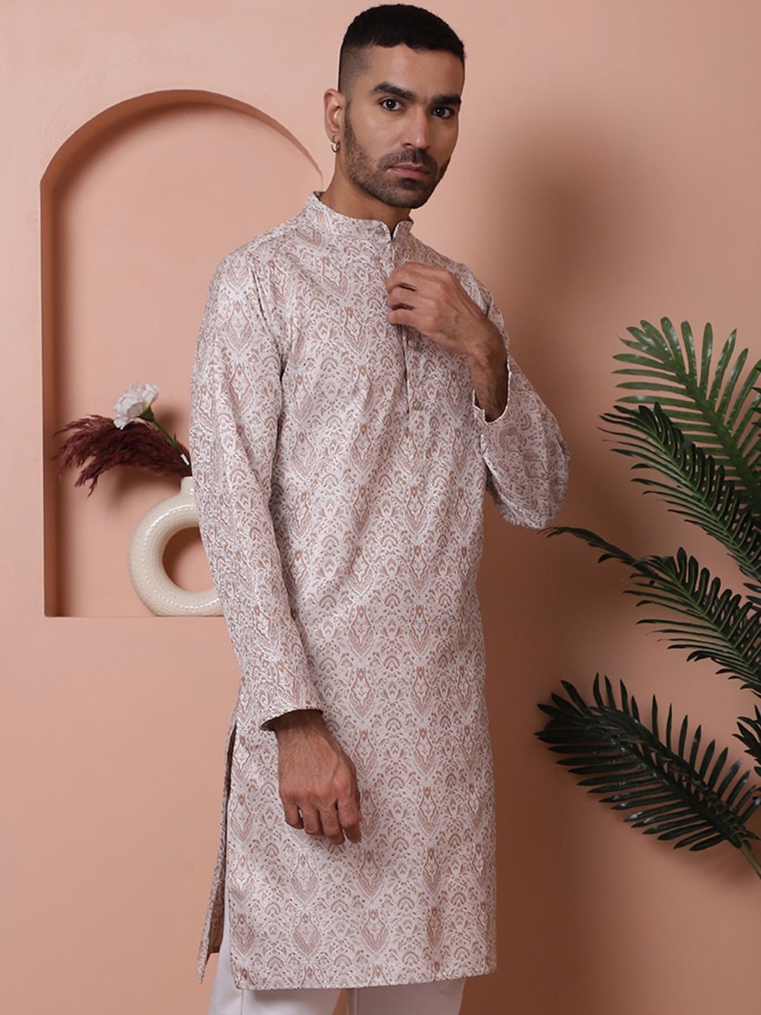 

Anouk White & Brown Ethnic Motifs Woven Design Band Collar Jacquard Straight Kurta