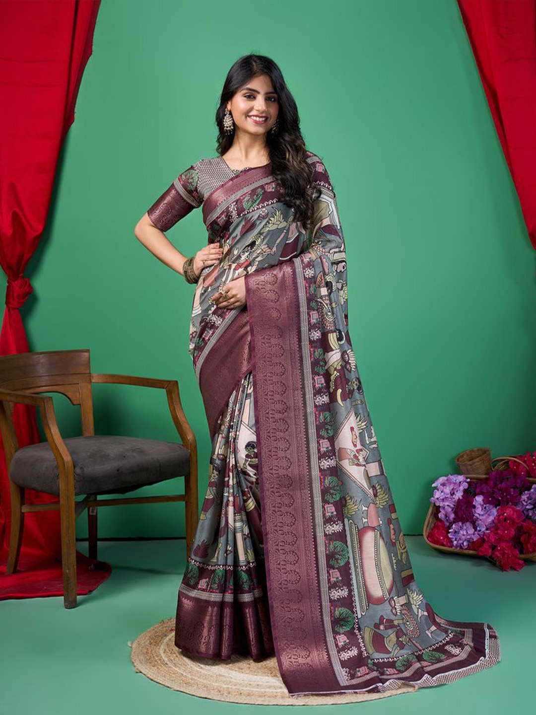 

Fashion FRICKS Ethnic Motifs Printed Zari Woven Design Saree, Grey