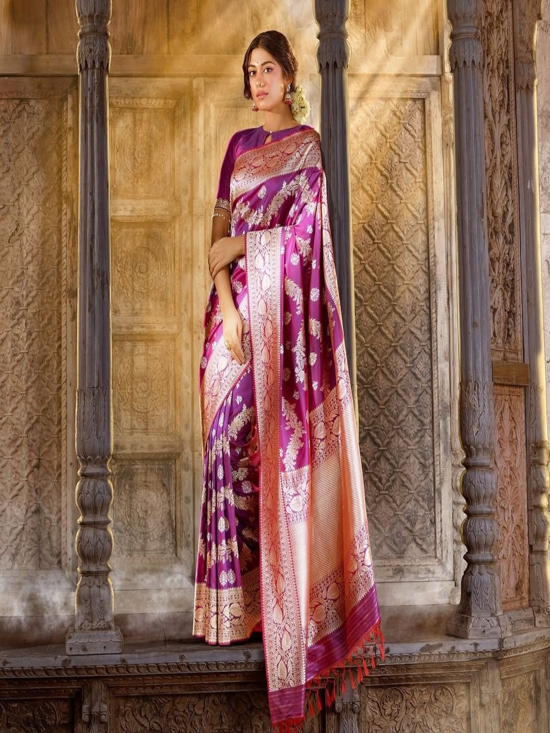 

S.K.C Floral Pure Silk Banarasi Saree, Purple