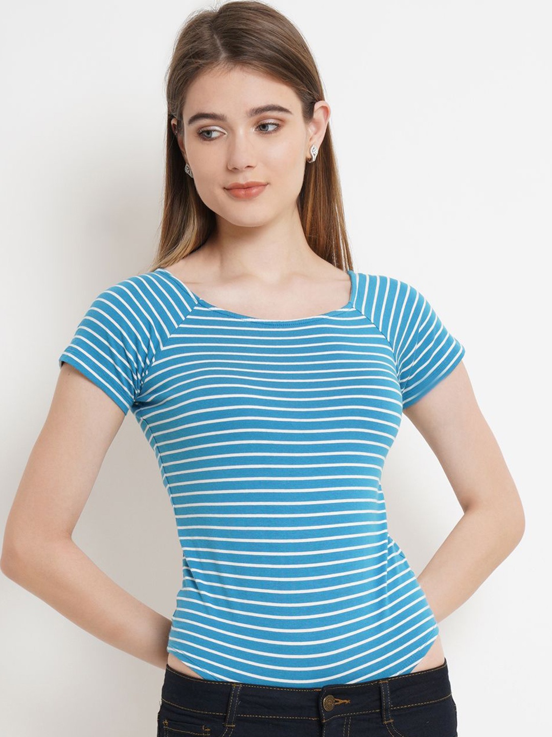 

Moda Rapido Women Striped Cotton Bodysuit, Blue