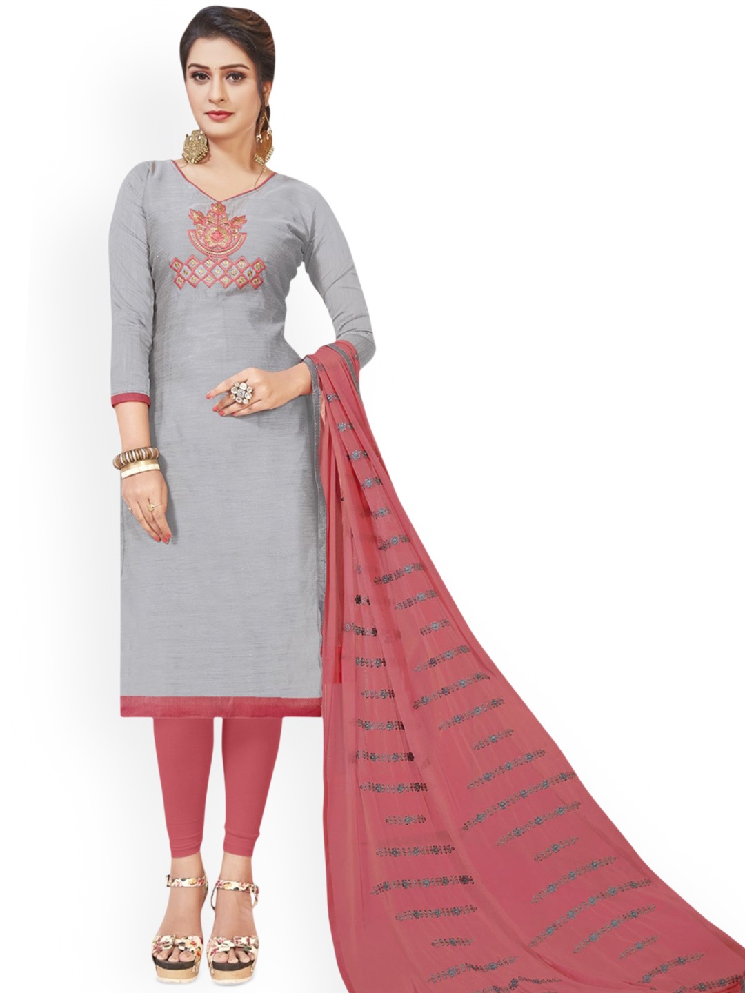 

HERE&NOW Floral Embroidered Modal Cotton Unstitched Dress Material, Grey