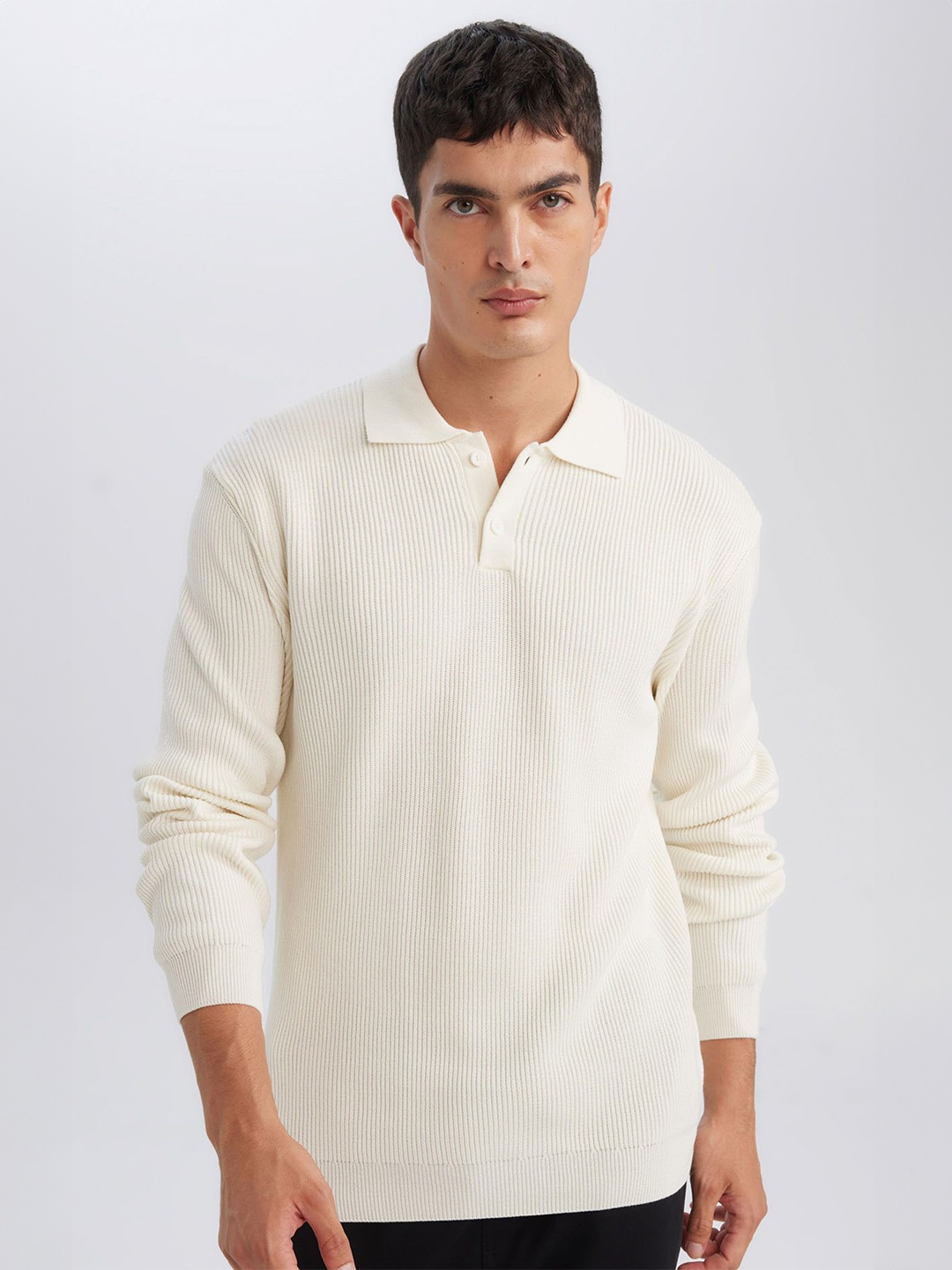 

DeFacto Men Shirt Collar Ribbed Pullover Sweater, White