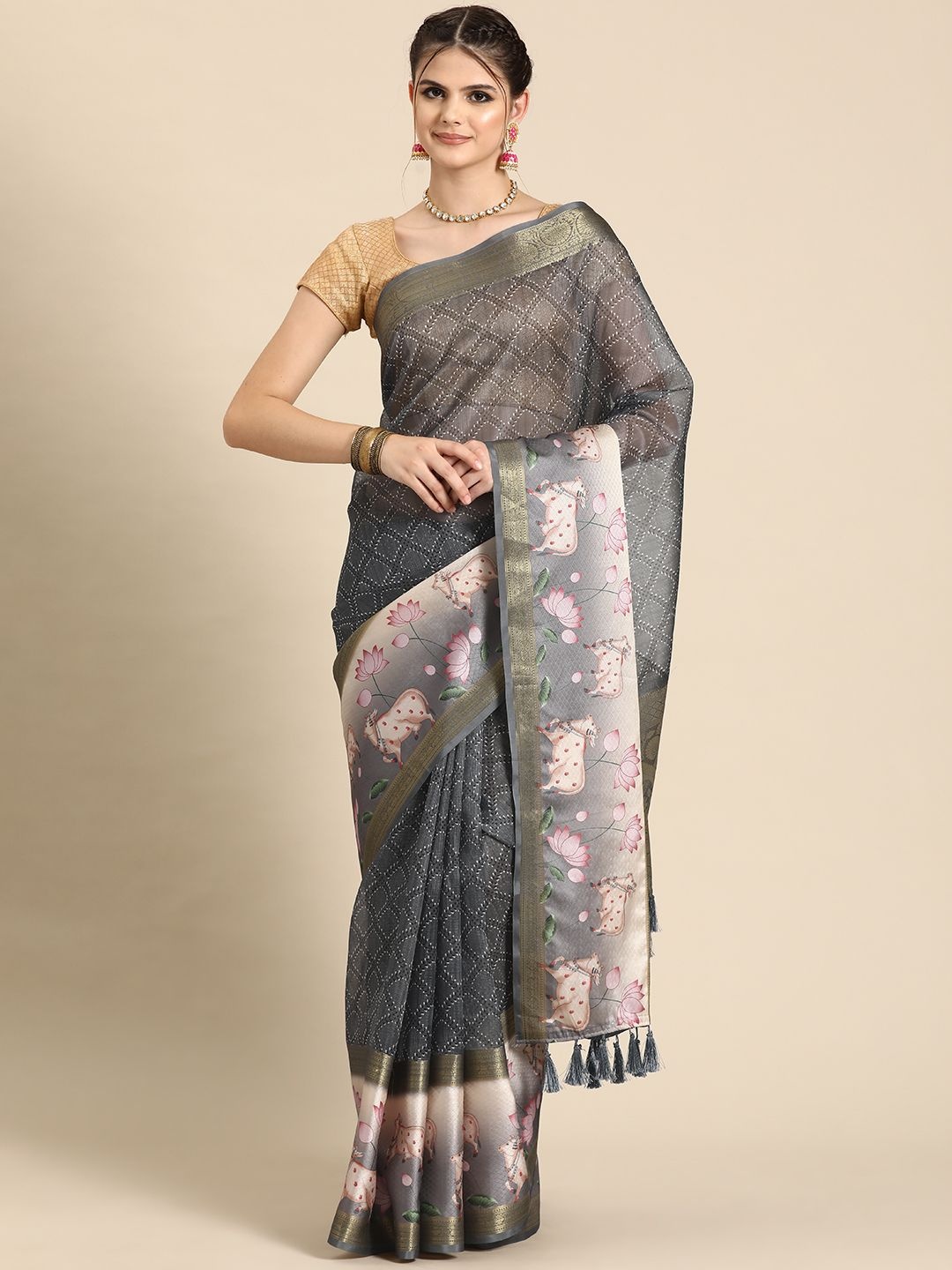 

DIVASTRI Kanjivaram Silk Pichwai Digital Printed Saree With Woven Border & Pallu, Grey