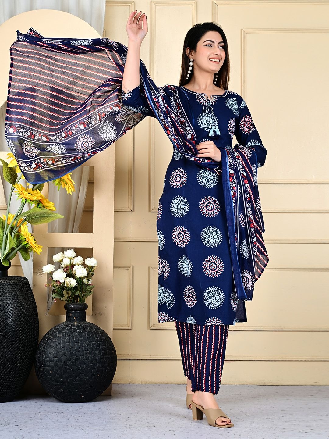

Meena Bazaar Floral Printed Tie-Up Sequinned Straight Cotton Kurta With Trouser & Dupatta, Blue