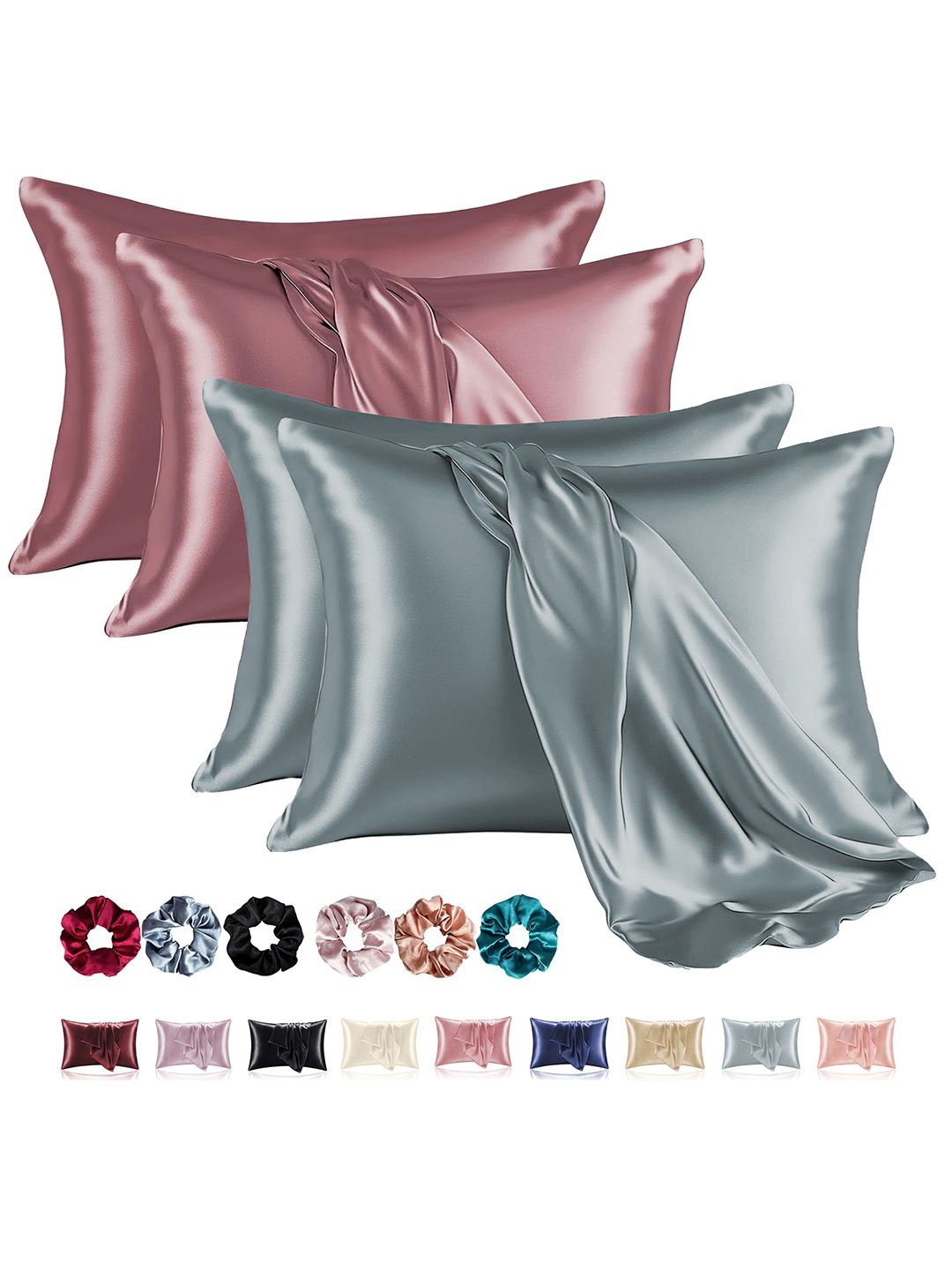 

Kuber Industries Grey & Rose 4 Pieces Satin Rectangle Pillow Covers with 3 Scrunchies