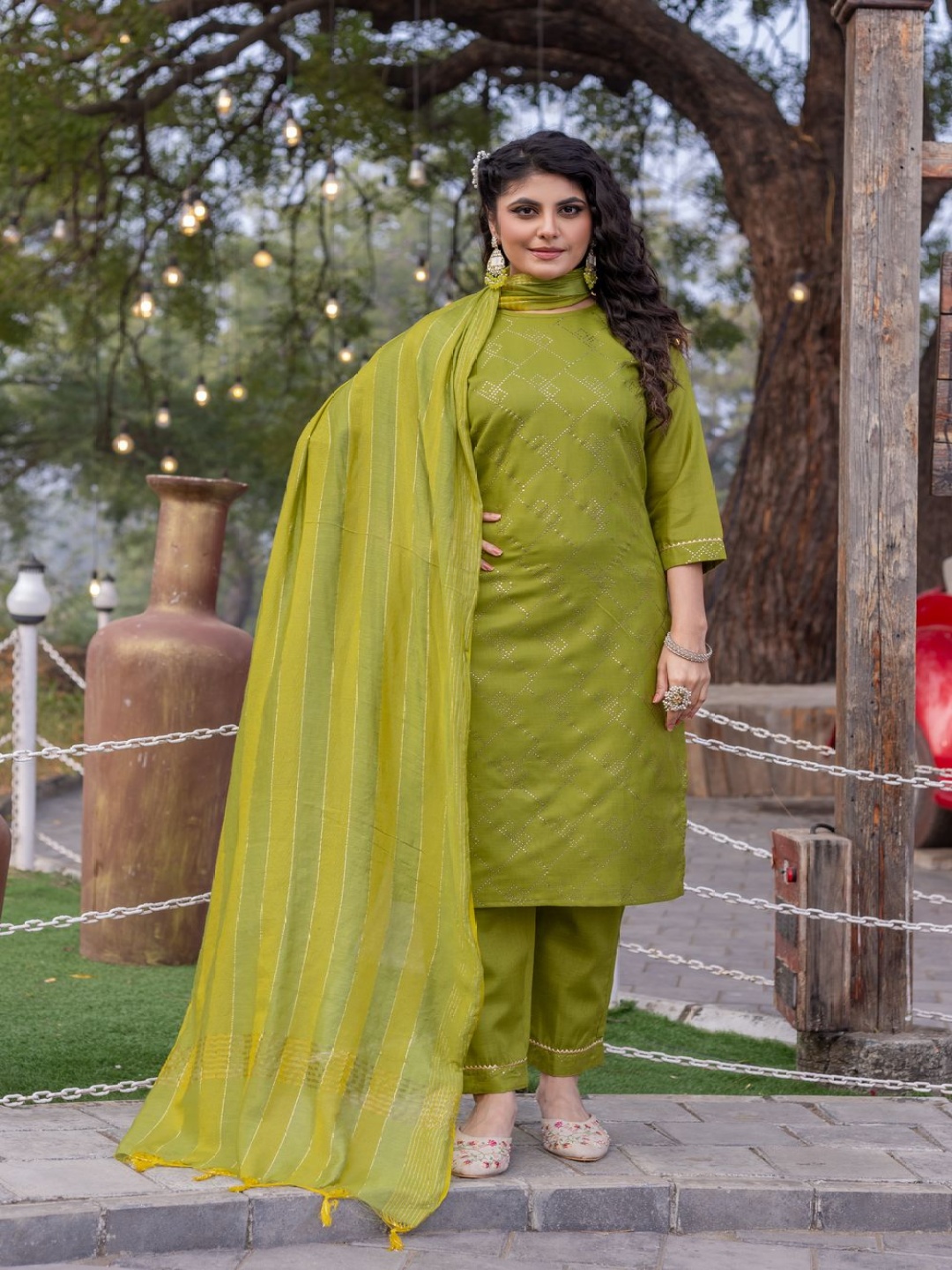 

Twika Geometric Embroidered Round Neck Mukaish Straight Kurta With Trousers & Dupatta, Lime green