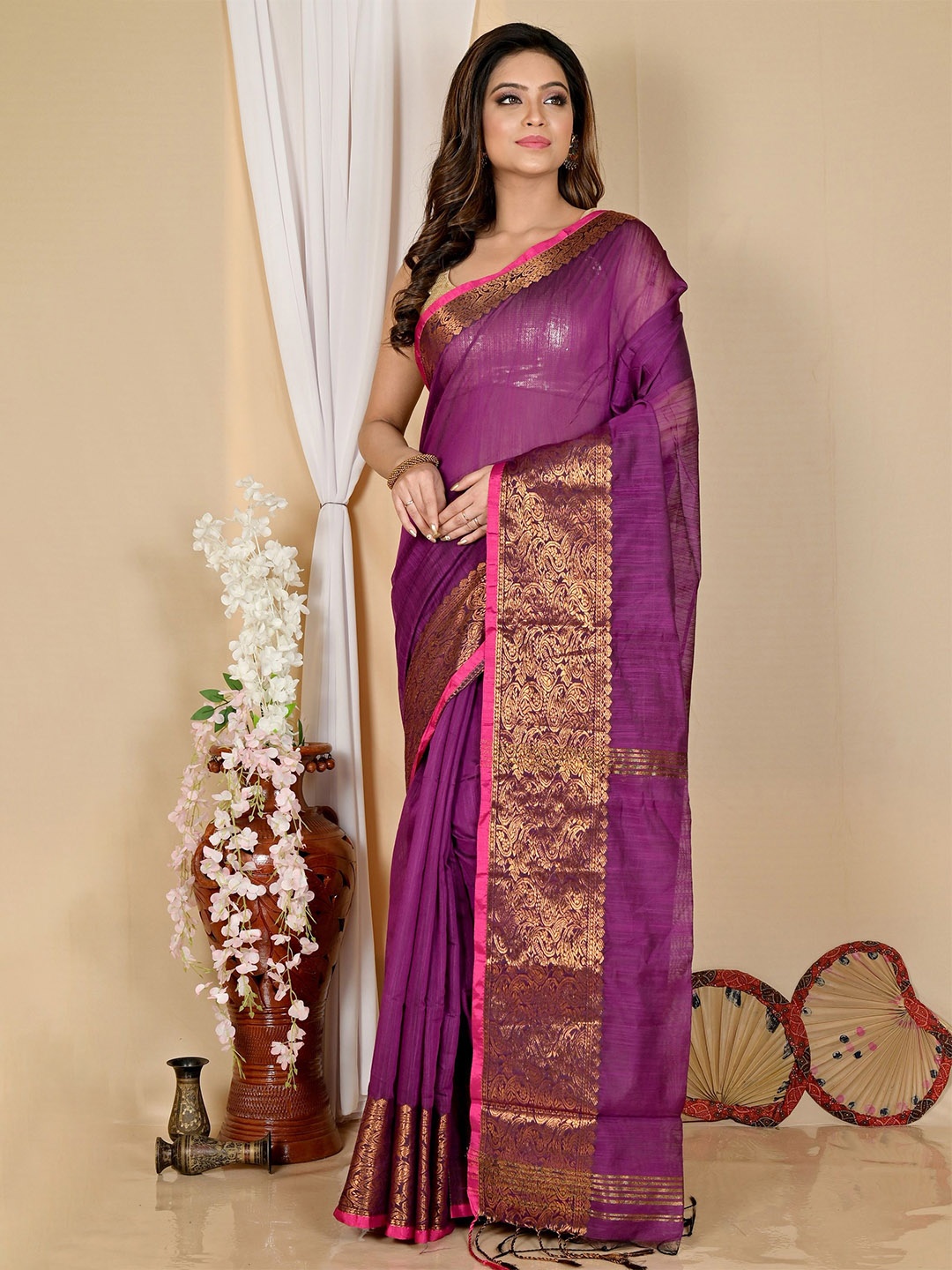 

PuJoy Zari Taant Saree, Purple