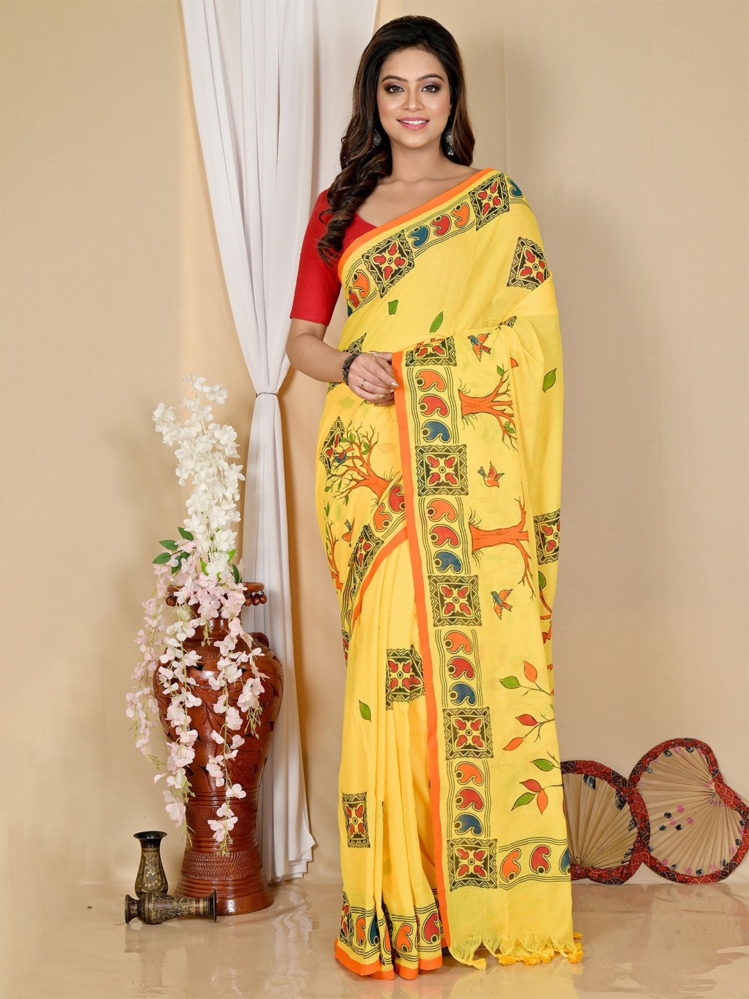 

DipDiya Pure Cotton Asu Bengali Traditional Taant Saree, Yellow