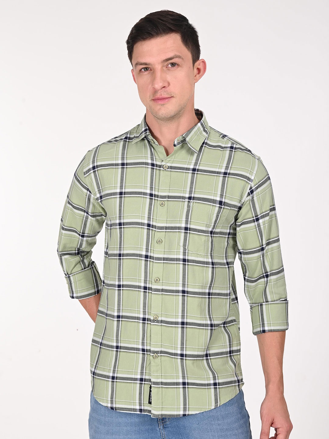 

URBAN POCHE Men Slim Fit Spread Collar Windowpane Checked Cotton Casual Shirt, Green