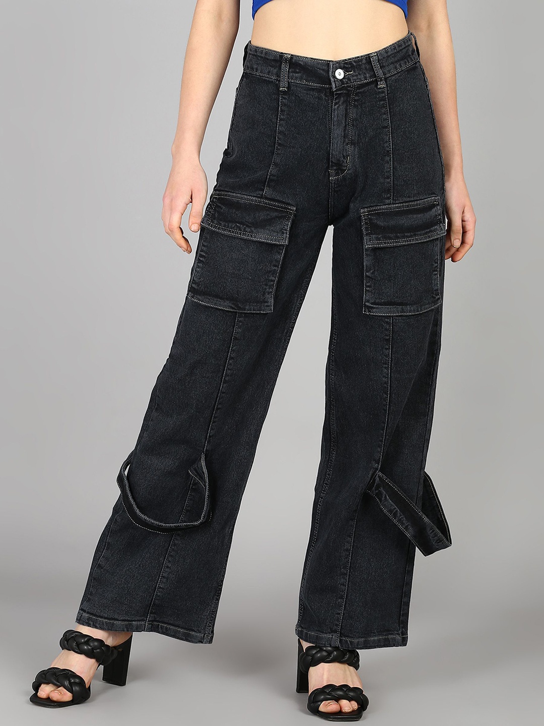 

DressBerry Women Comfort Wide Leg High-Rise Light Fade Acid Wash Stretchable Jeans, Black