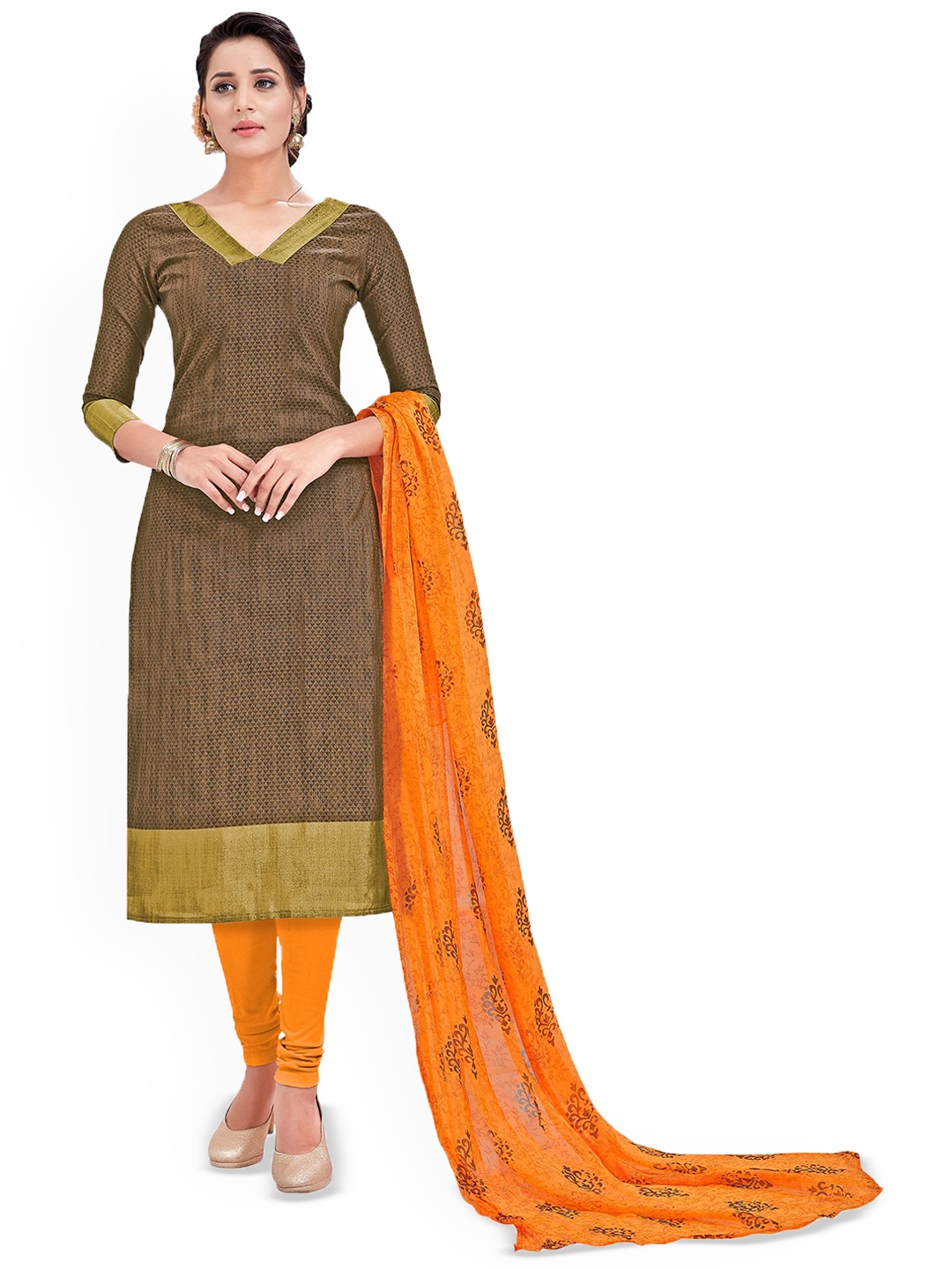 

HERE&NOW Geometric Embroidered Banarasi Silk Unstitched Dress Material, Brown