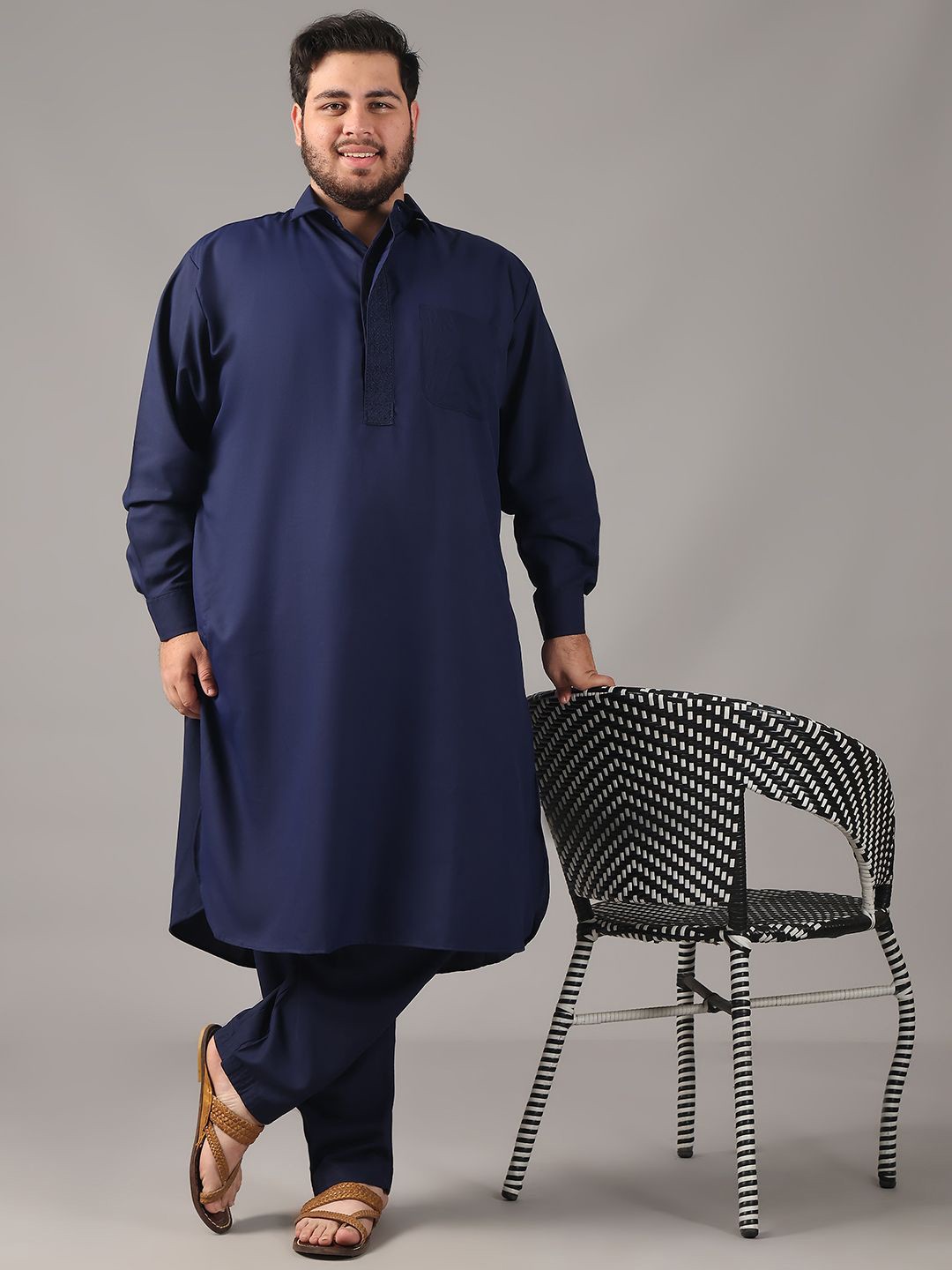 

SOJANYA PLUS Plus Size Men Shirt Collar Thread Work Straight Kurta With Salwar, Navy blue