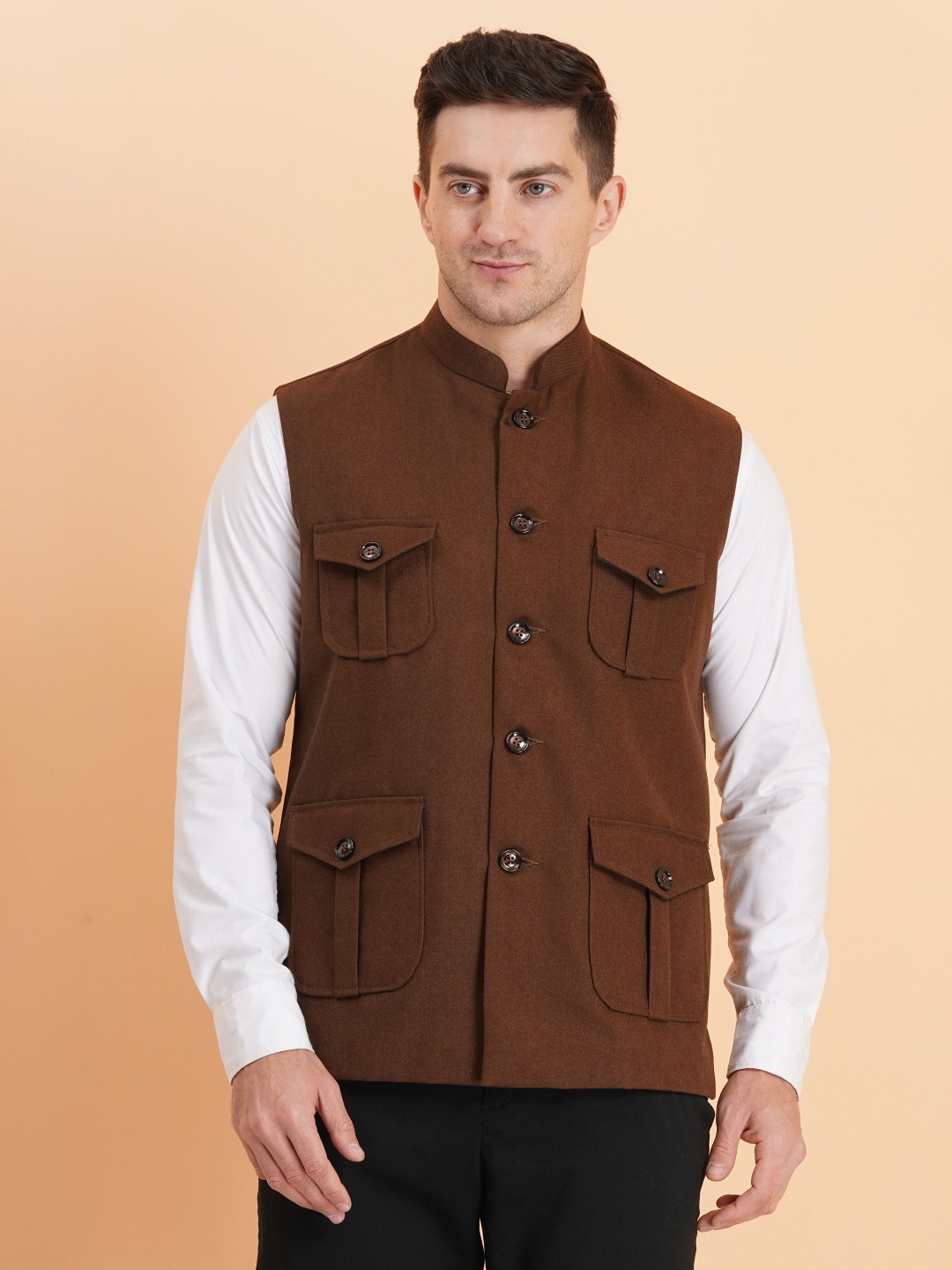 

SG LEMAN Men Woven Nehru Jacket, Brown